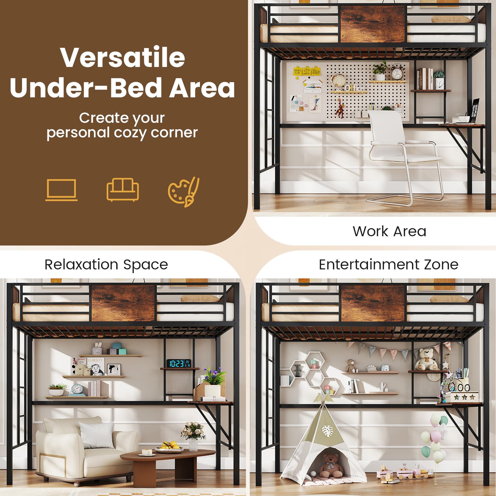 KOMFOTT Twin Size Loft Bed with Desk & Storage Shelf