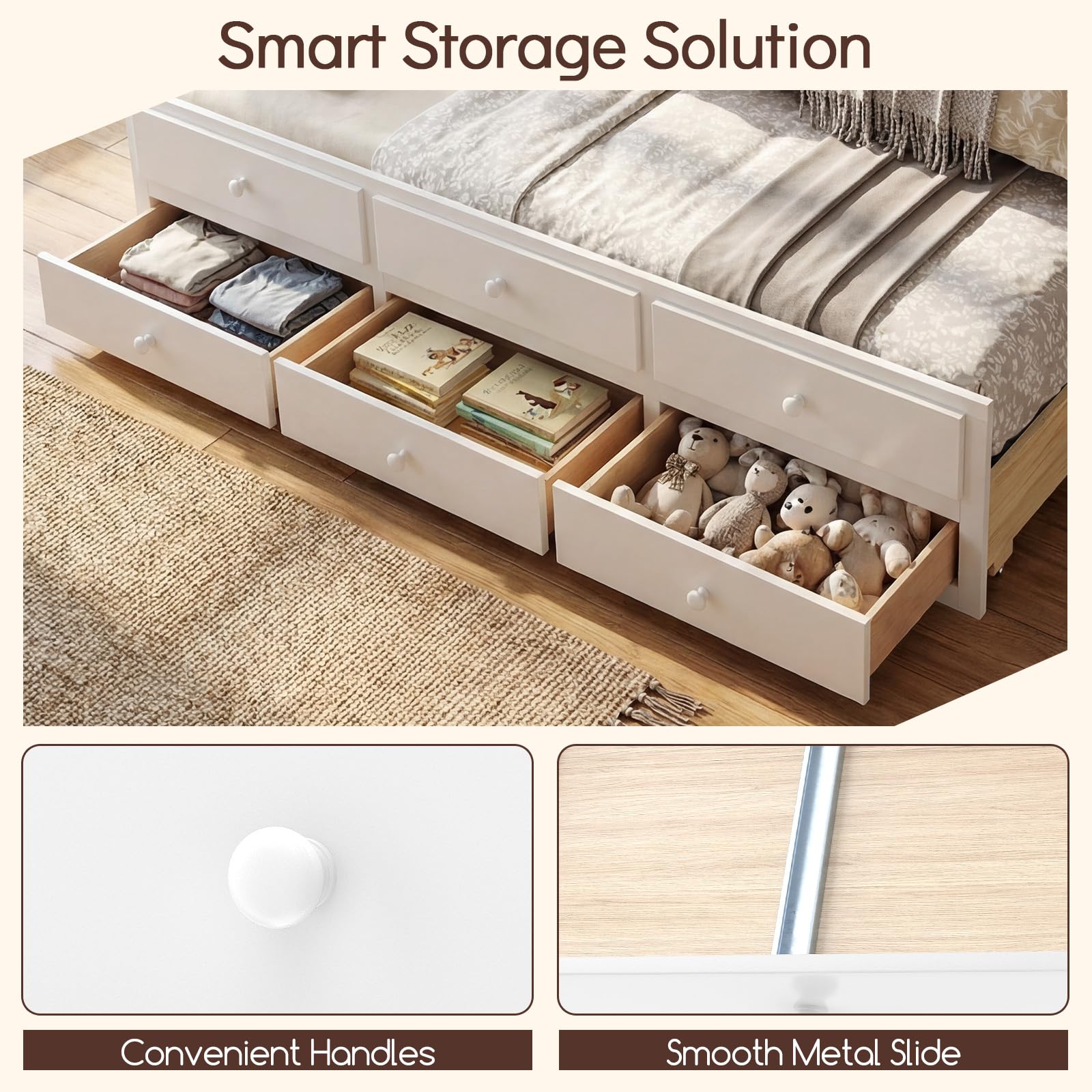 KOMFOTT Wood Full Trundle Bed with 3 Storage Drawers
