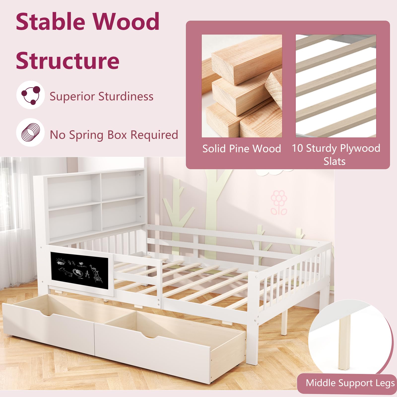 KOMFOTT Bed with Rails & 2 Storage Drawers
