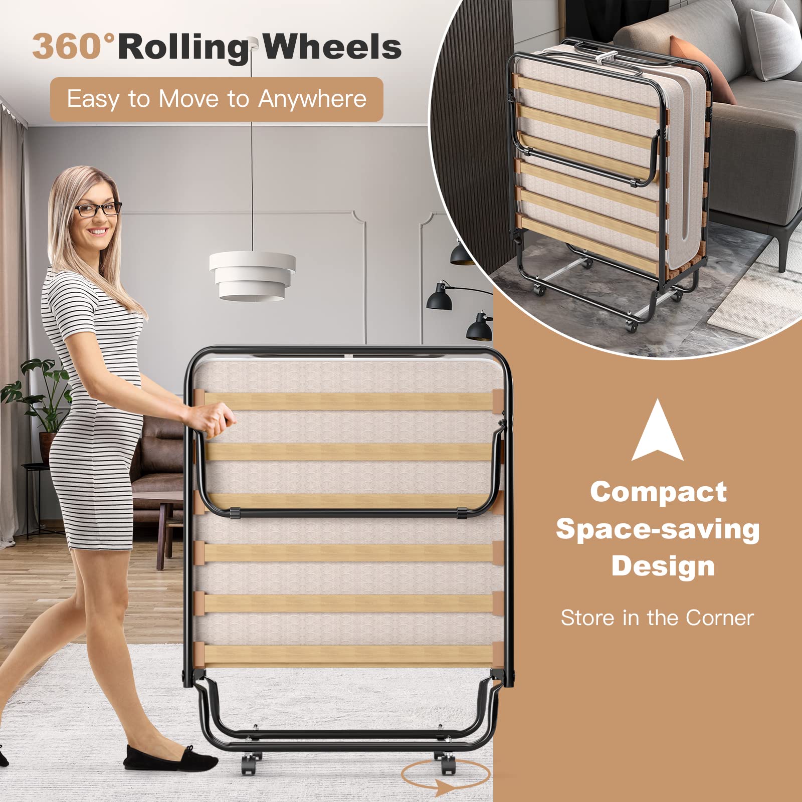 KOMFOTT Folding Bed with Mattress for Adults, Rollaway Guest Beds w/Memory Foam Mattress & Metal Frame