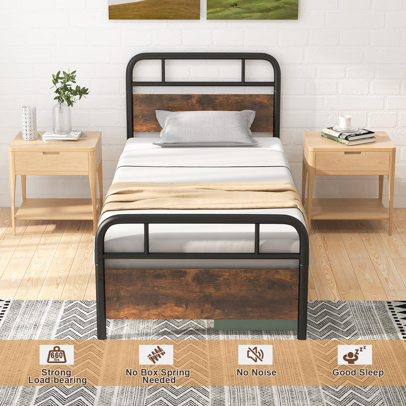 KOMFOTT Twin Size Metal Bed Frame, Industrial Platform Bed with Wood Headboard and Footboard, Rustic Brown