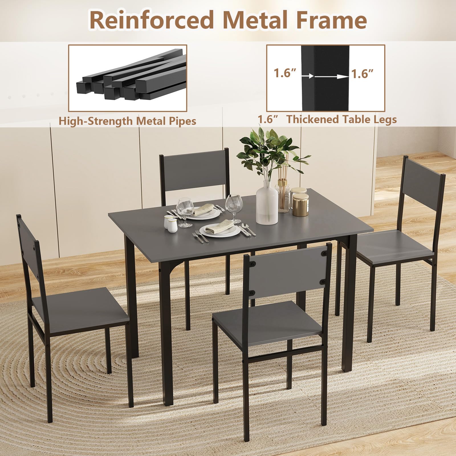 KOMFOTT 5-Piece Dining Table Set, Industrial Kitchen Table and Chairs for 4 with Backrest and Metal Frame
