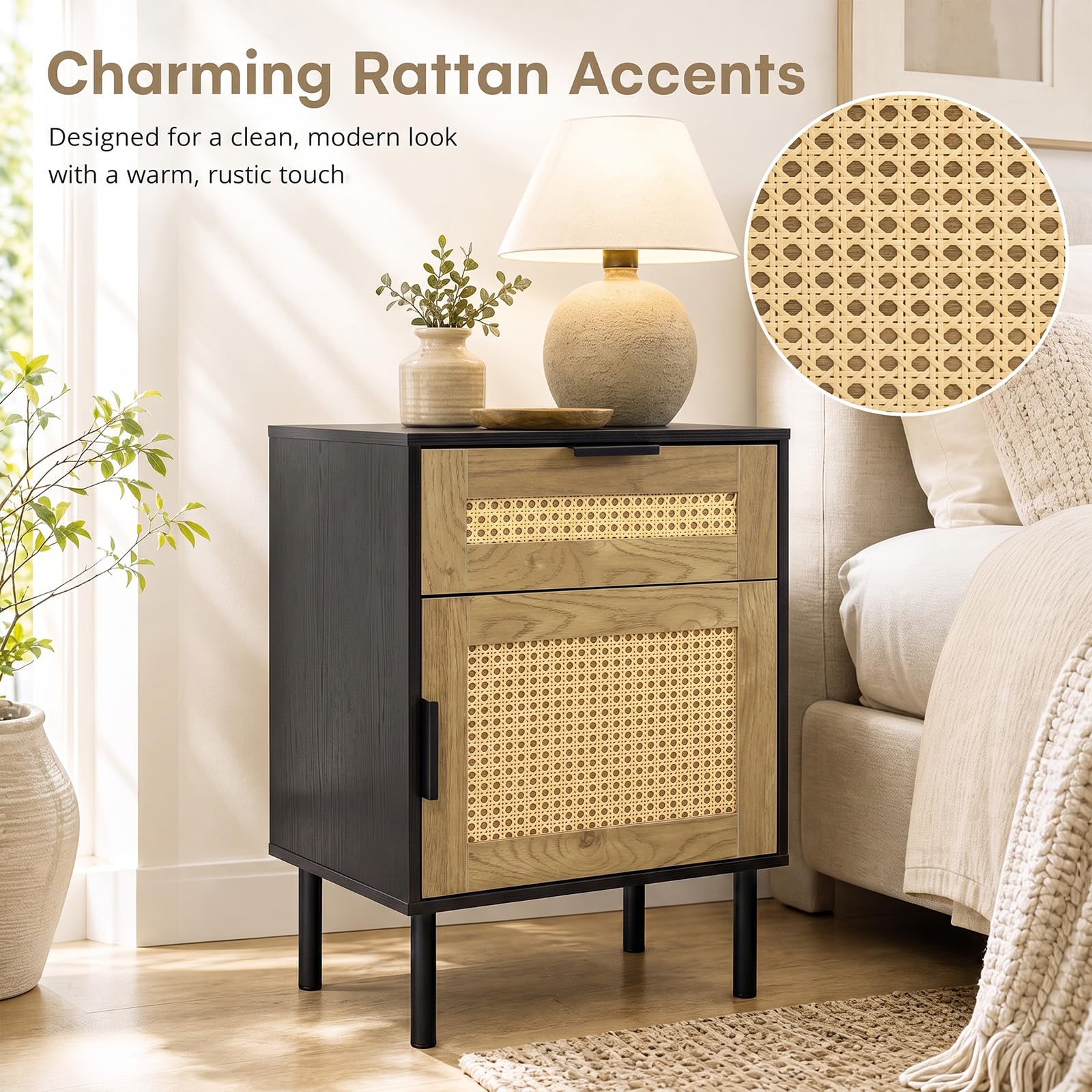 KOMFOTT Set of 2 Rattan Nightstand w/Drawer & Storage Cabinet