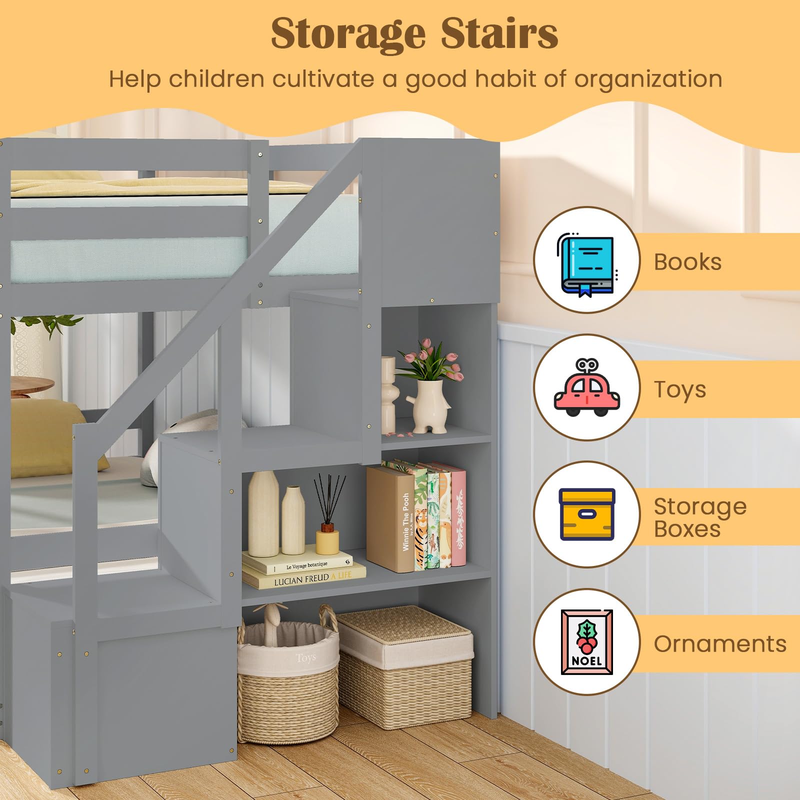 KOMFOTT Bunk Bed with Stairs, Solid Wood Floor Bunk Bed with Storage Staircase & Full-Length Guardrails