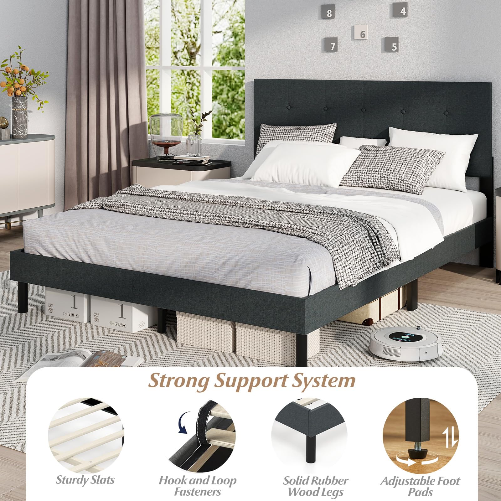 KOMFOTT Queen Size Linen Upholstered Bed Frame with Tufted Headboard