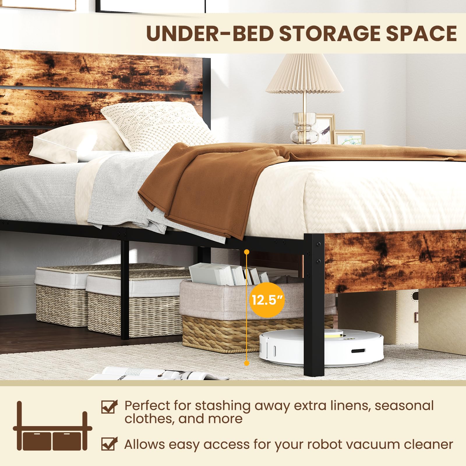 KOMFOTT  Metal Bed Frame Industrial Platform Bed Frame with Headboard