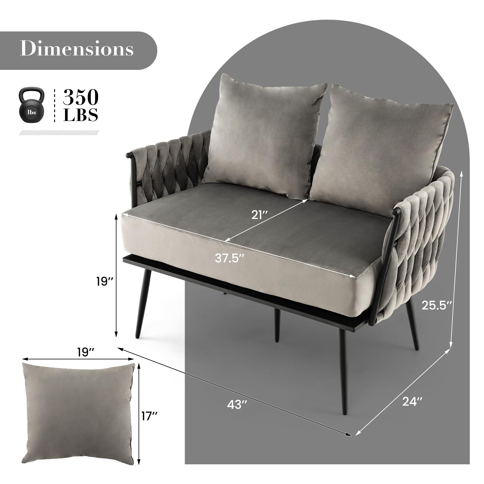 KOMFOTT 43” Loveseat Sofa, Modern Upholstered 2-Seat Sofa with 2 Back Pillows, Woven Backrest & Armrest