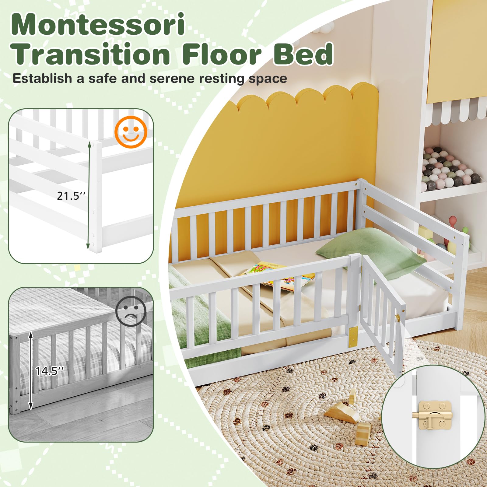 KOMFOTT Twin Size Wood Floor Bed with Door & 21.5” Fence