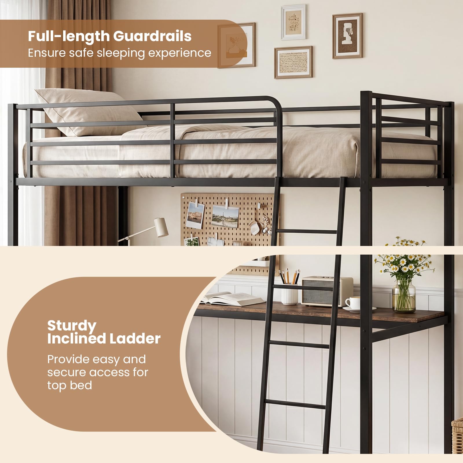 KOMFOTT Twin Loft Bed with Desk & Shelves Heavy Duty Metal Bed Frame