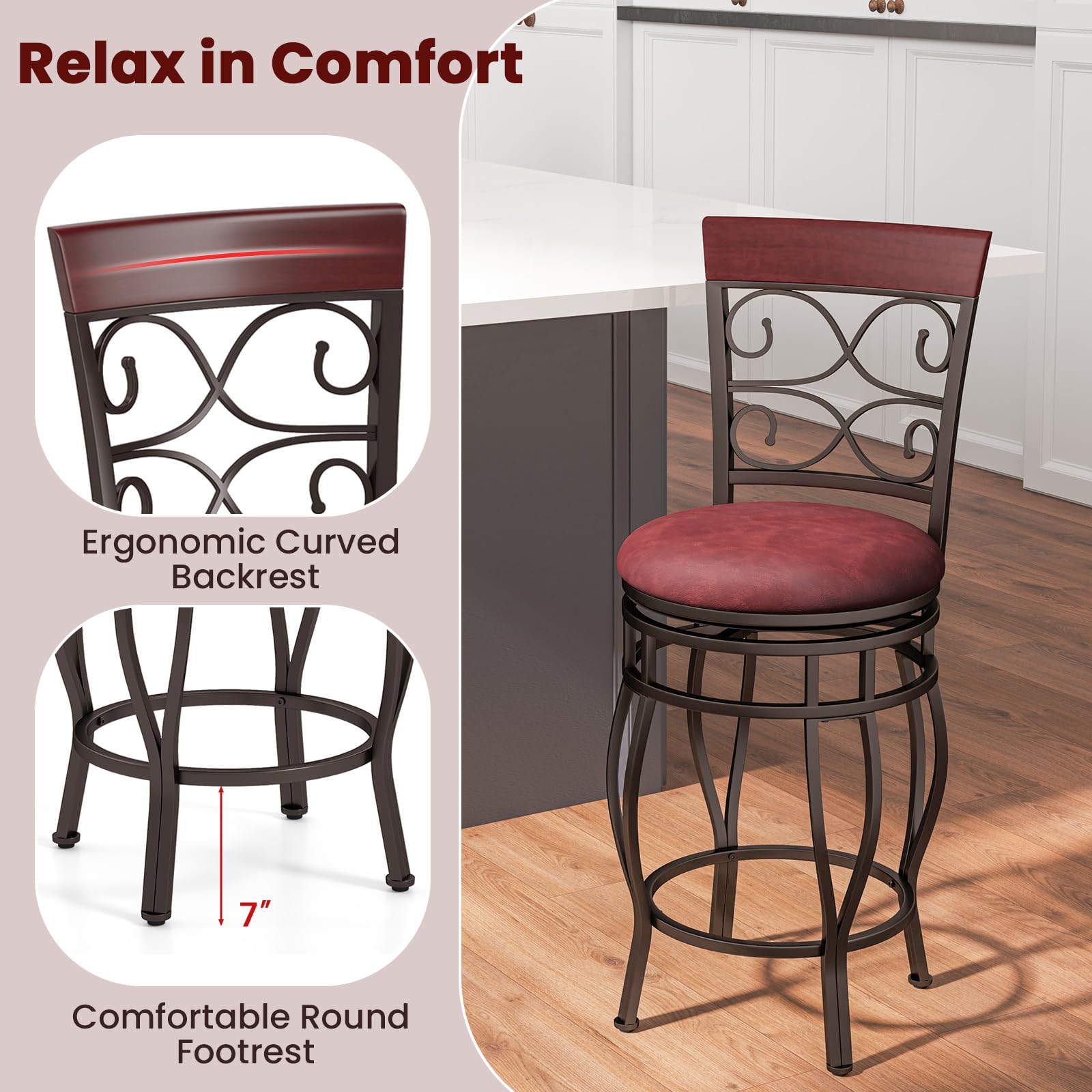 KOMFOTT Swivel Bar Stools Set of 2/4, Counter Height Bar Stools with Back, Upholstered PU Leather Seat, Footrest