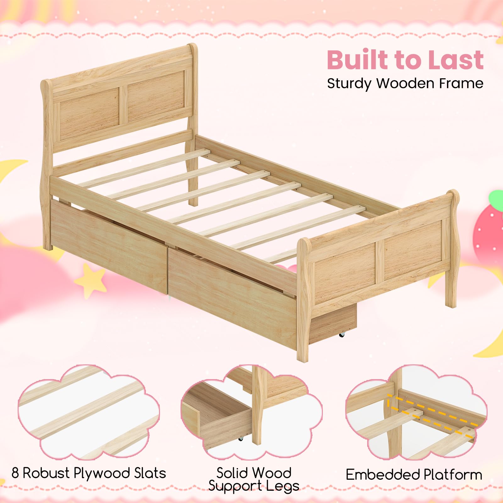 KOMFOTT Twin Size Sleigh Wood Bed Frame with 2 Storage Drawers