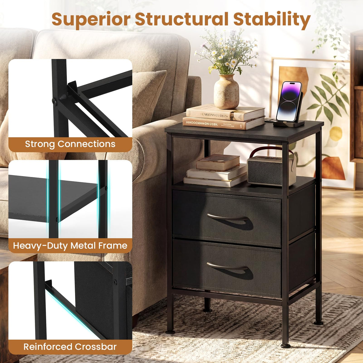 KOMFOTT 1/2 Nightstands with Charging Station 24.5" Modern Bedside Table(2 Drawers)