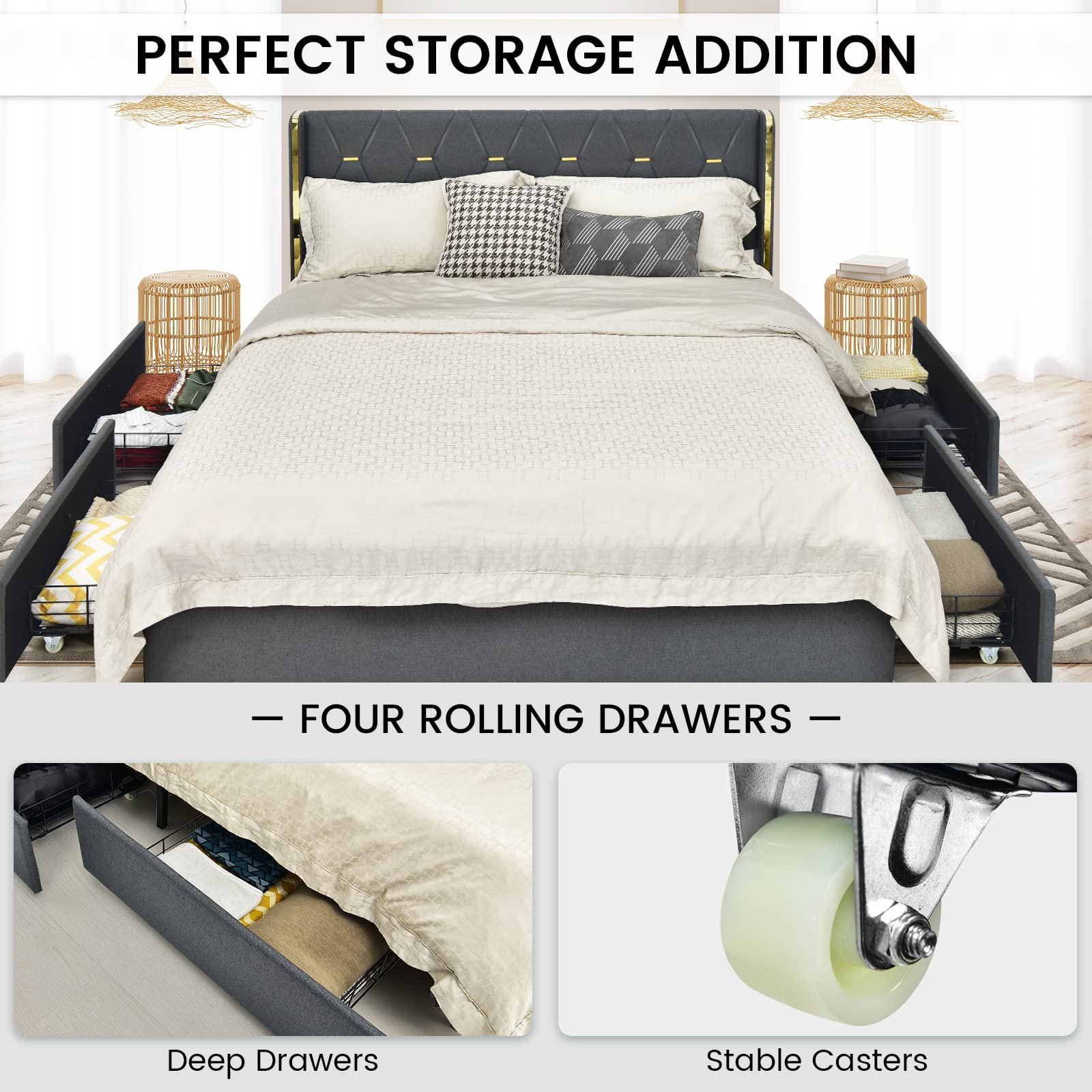 KOMFOTT Full/Queen Upholstered Bed Frame with 4 Rolling Storage Drawers, Space Saving PU Leather Bed Frame