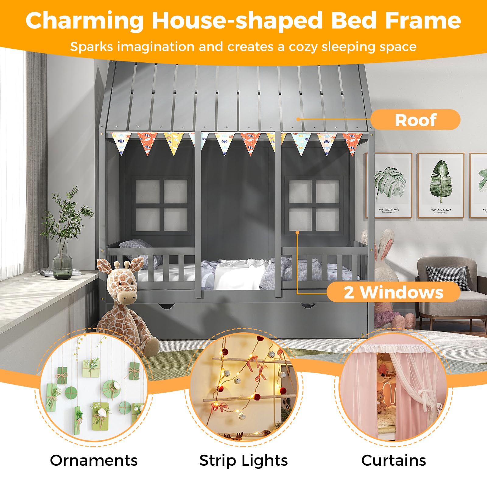 KOMFOTT Twin Size House Bed with Trundle Wood Kid’s House Bed Frame