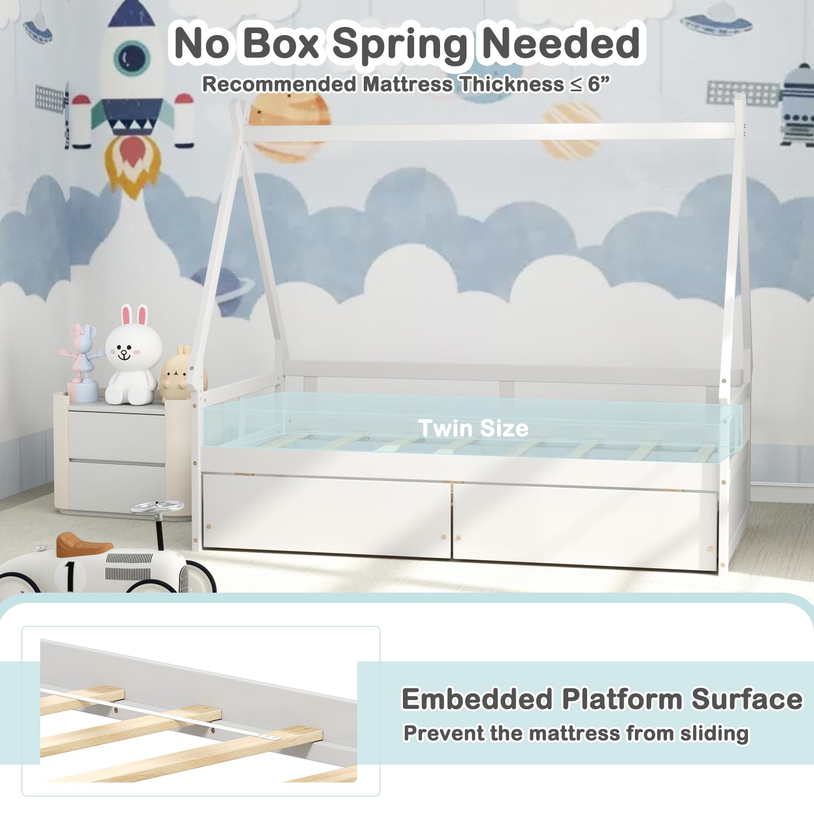 KOMFOTT Twin House Bed with 2 Storage Drawers(Twin with Drawers)