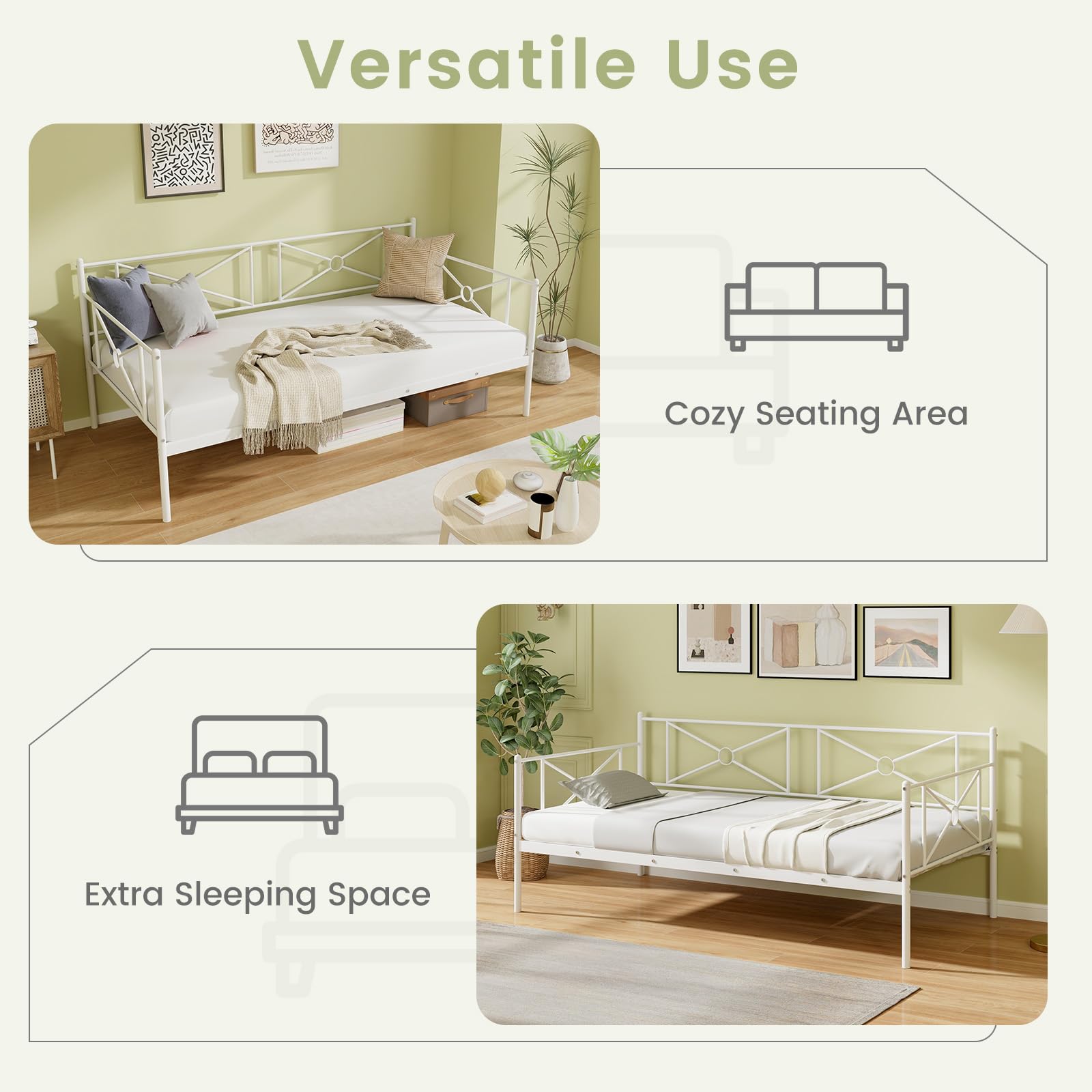 KOMFOTT Twin Size Metal Daybed, Multifunctional Sofa Guest Bed with Headboard
