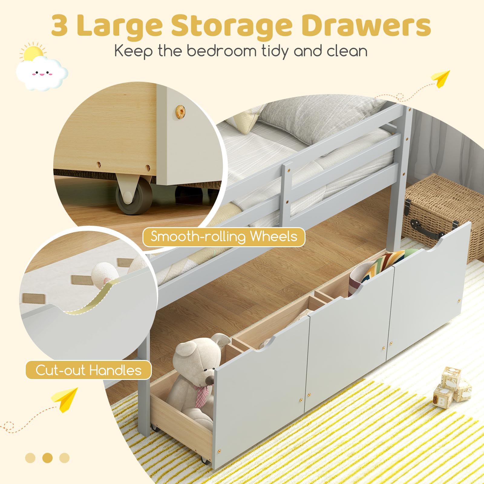 KOMFOTT Twin Low Loft Bed with 3 Storage Drawers