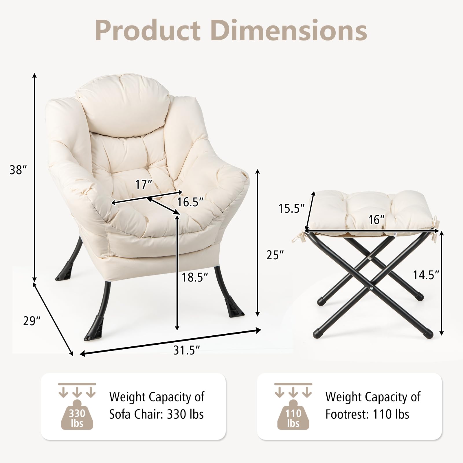 KOMFOTT Lazy Sofa Chair with Ottoman, Upholstered Leisure Lounge Armchair with Folding Footrest, Side Storage Pocket