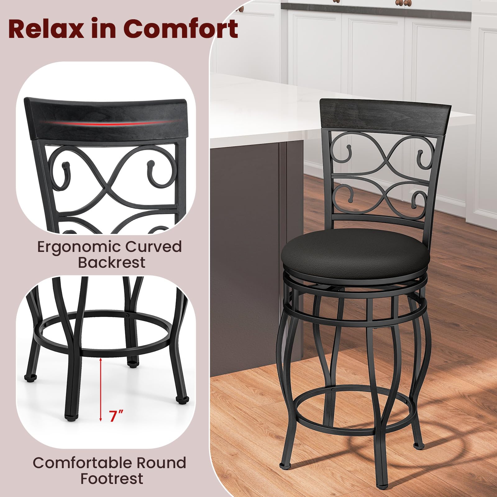 KOMFOTT Swivel Bar Stools Set of 2/4, Counter Height Bar Stools with Back, Upholstered PU Leather Seat, Footrest