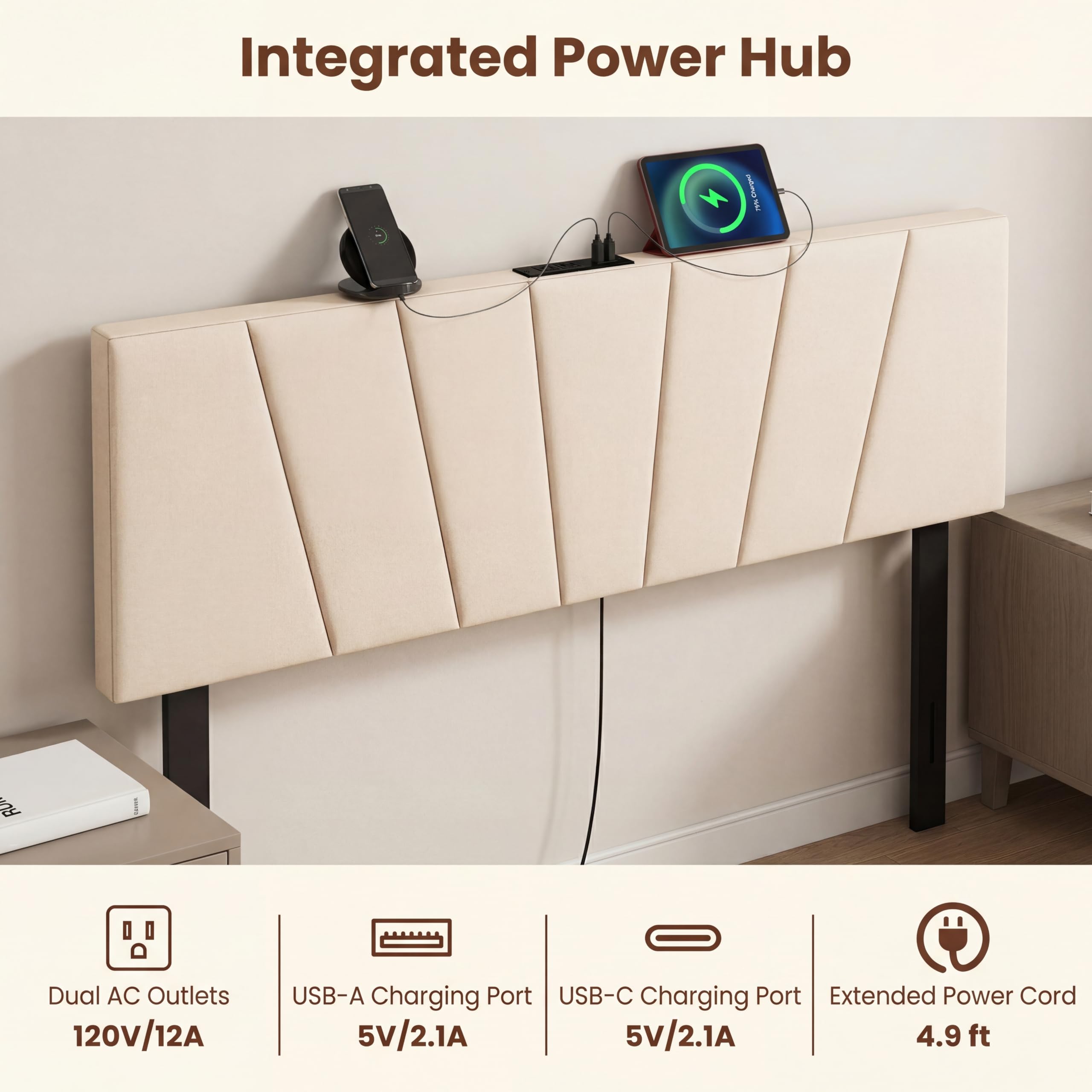 KOMFOTT Upholstered Full & Queen Headboard with Charging Station(Vertical Channel)