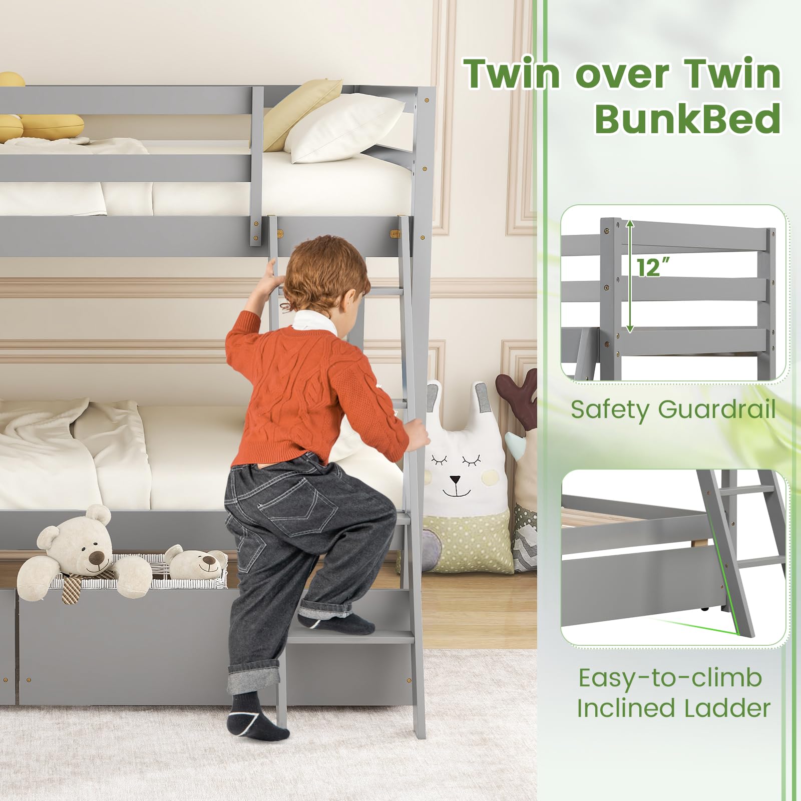 KOMFOTT Twin Over Twin Bunk Bed with 2 Roll-Out Drawers