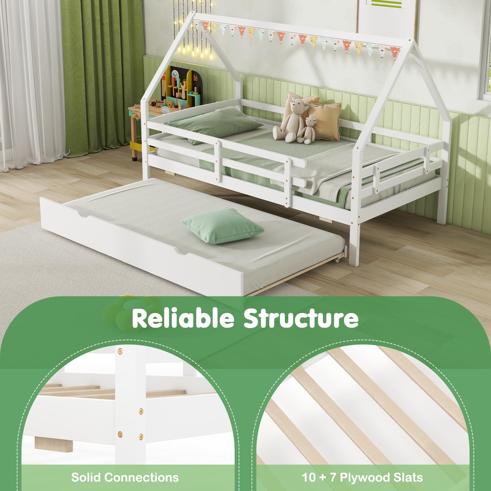 KOMFOTT House Bed with Trundle Wood Bed Frame with Safety Rails & Roof