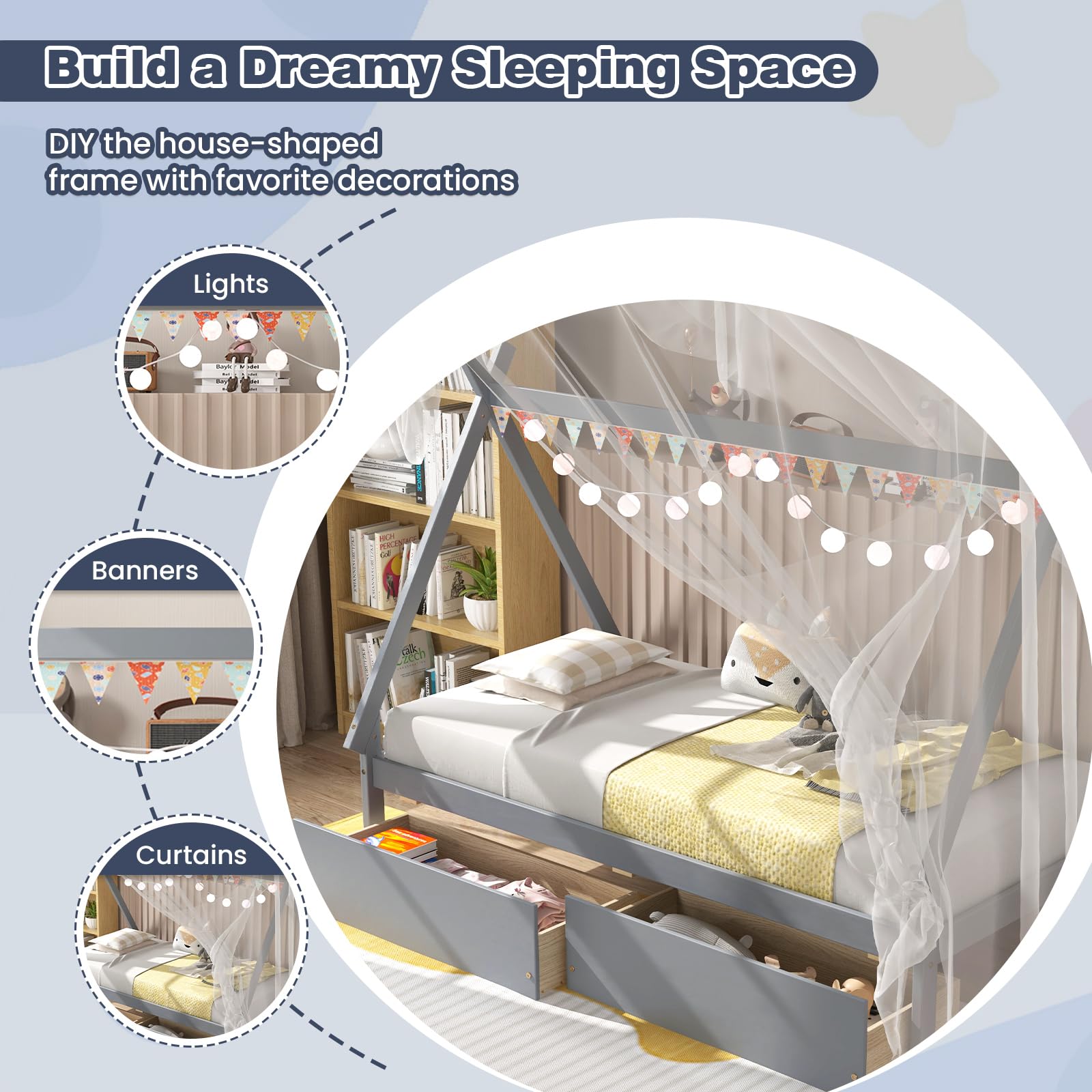 KOMFOTT Twin Size House Bed with 2 Storage Drawers