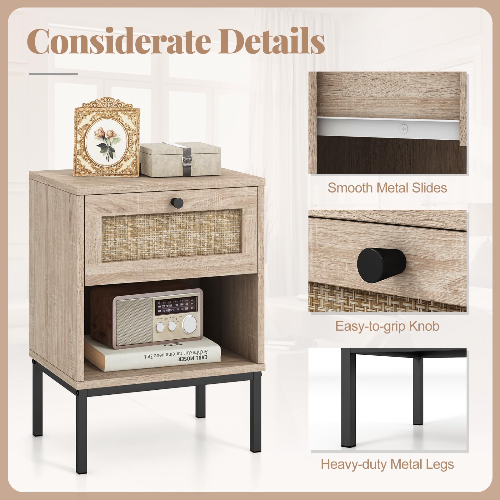 KOMFOTT Rattan Nightstand with Drawer & Open Storage Shelf