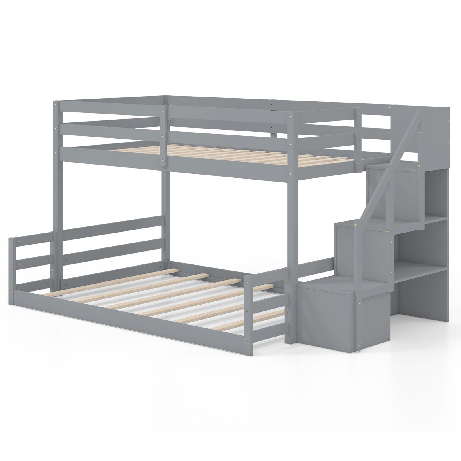 KOMFOTT Wood Twin Over Full Low Bunk Bed with Storage Staircase