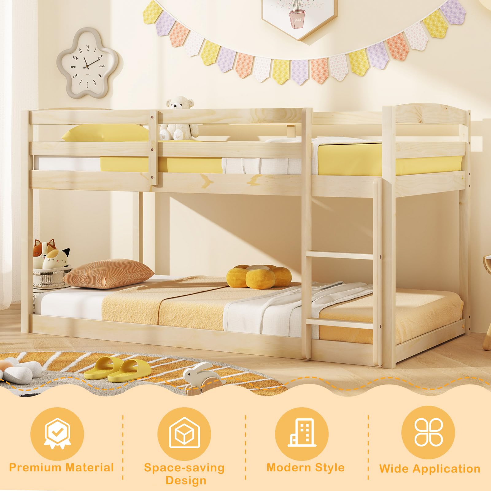 KOMFOTT Twin Over Twin Solid Wood Low Bunk Bed with Full Guardrails & Integrated Ladder