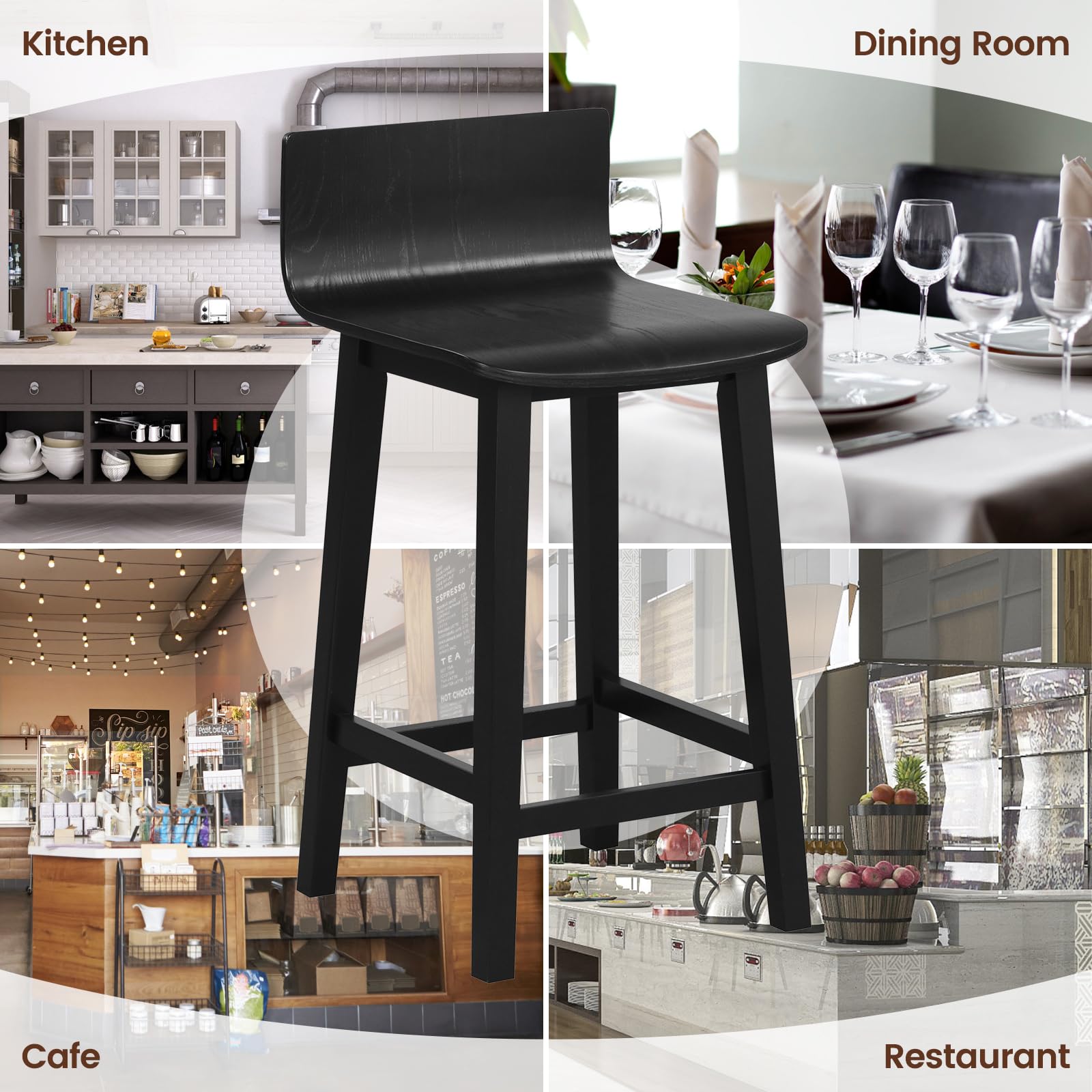KOMFOTT Solid Wood Bar Stools Set of 2/4, Counter Height Chairs with Low Back and Footrest