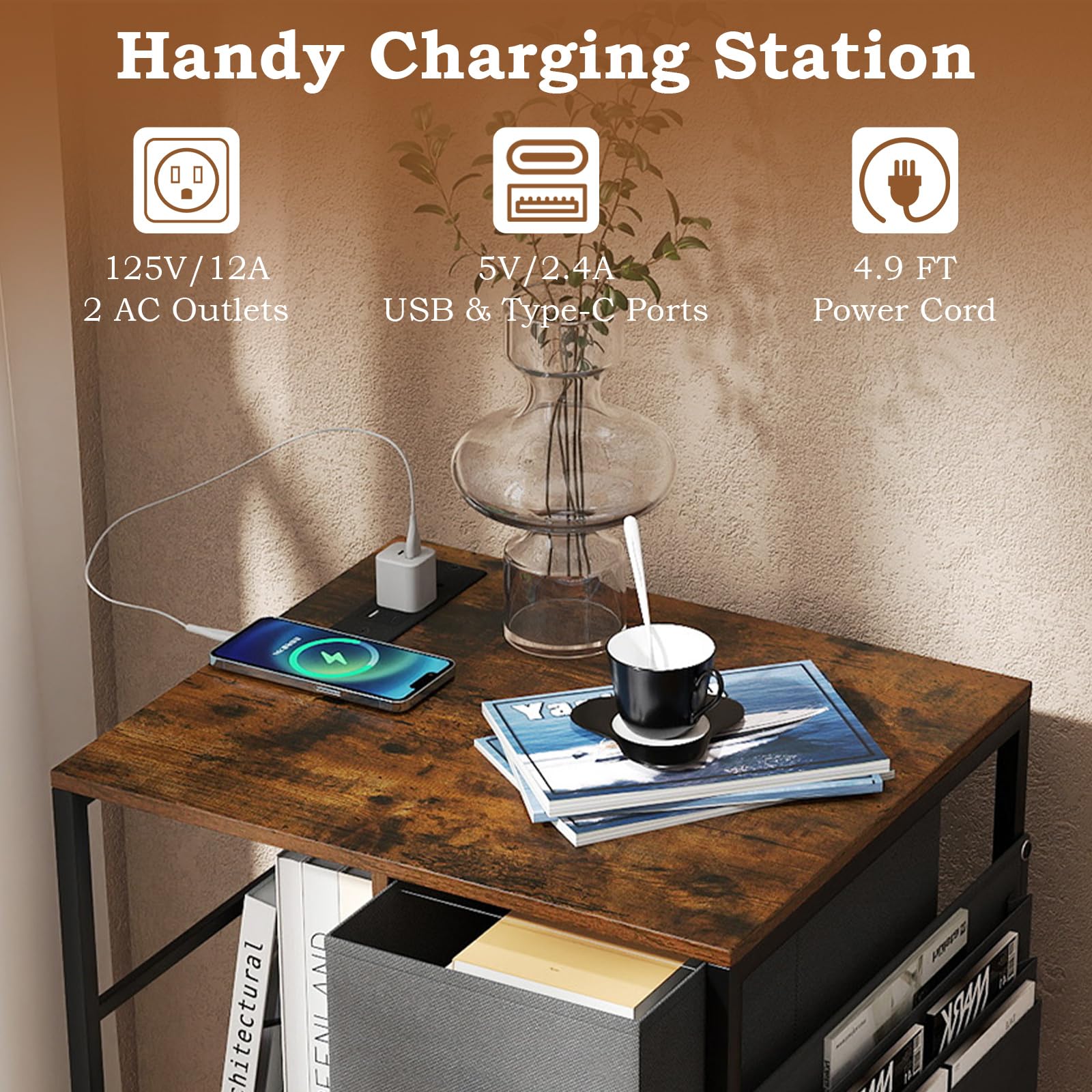 KOMFOTT 3-Tier Nightstand with Charging Station