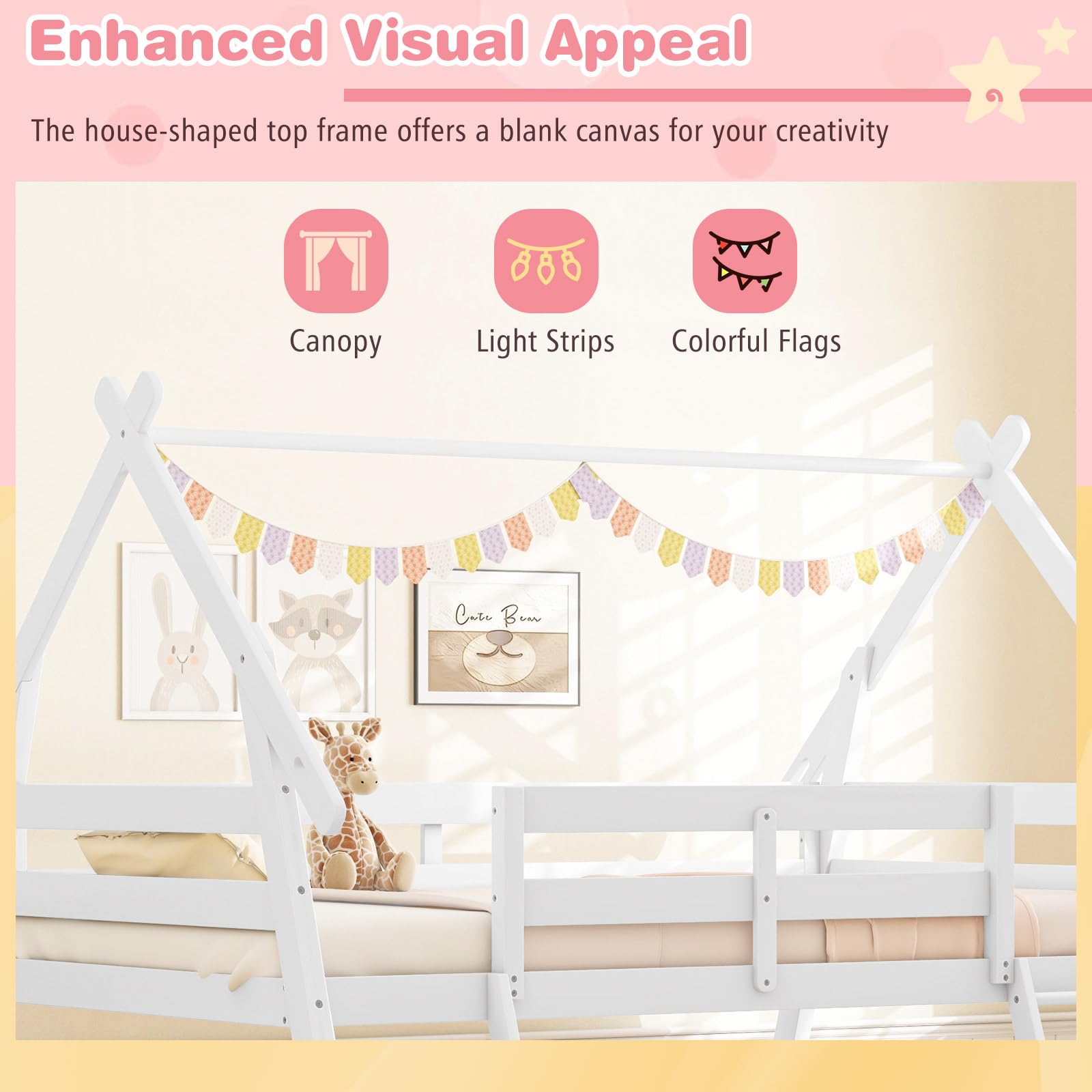 KOMFOTT Wood Twin Over Queen House Bunk Bed with Climbing Nets & Ramp