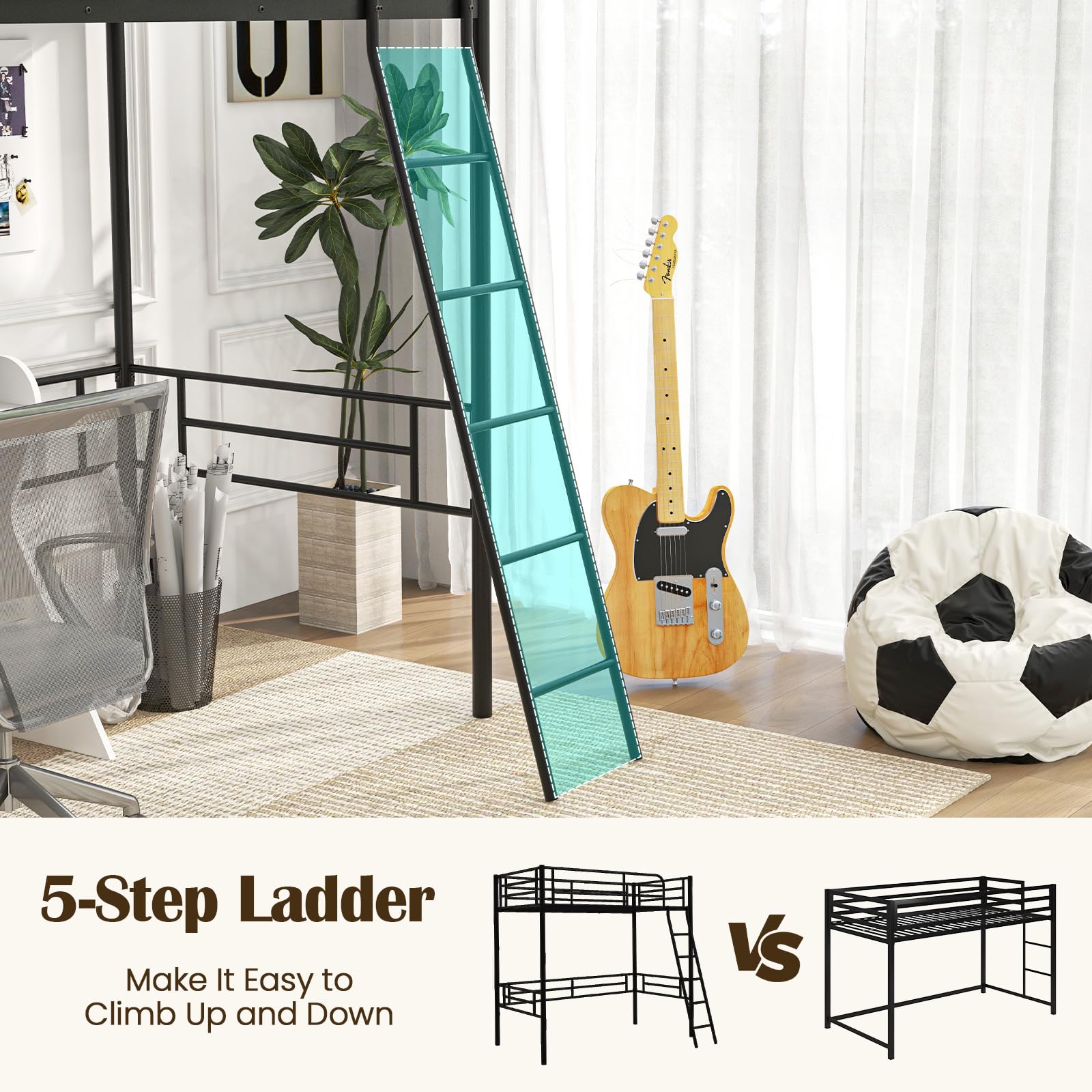 KOMFOTT Twin Size Loft Bed, Metal Loft Bed Frame with Ladder & Safety Guardrail