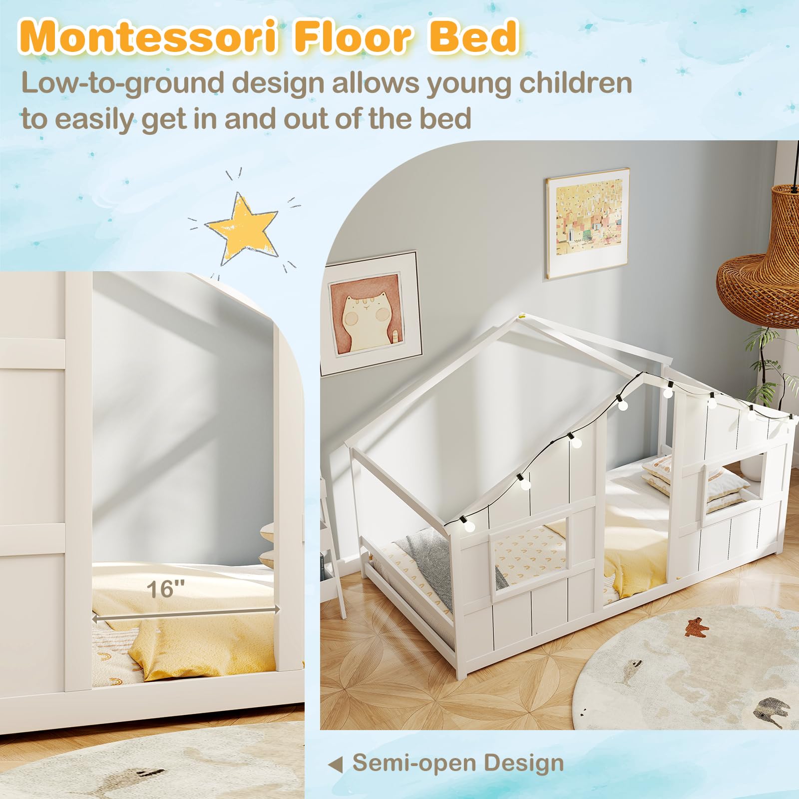 KOMFOTT Twin Floor House Bed with LED Lights
