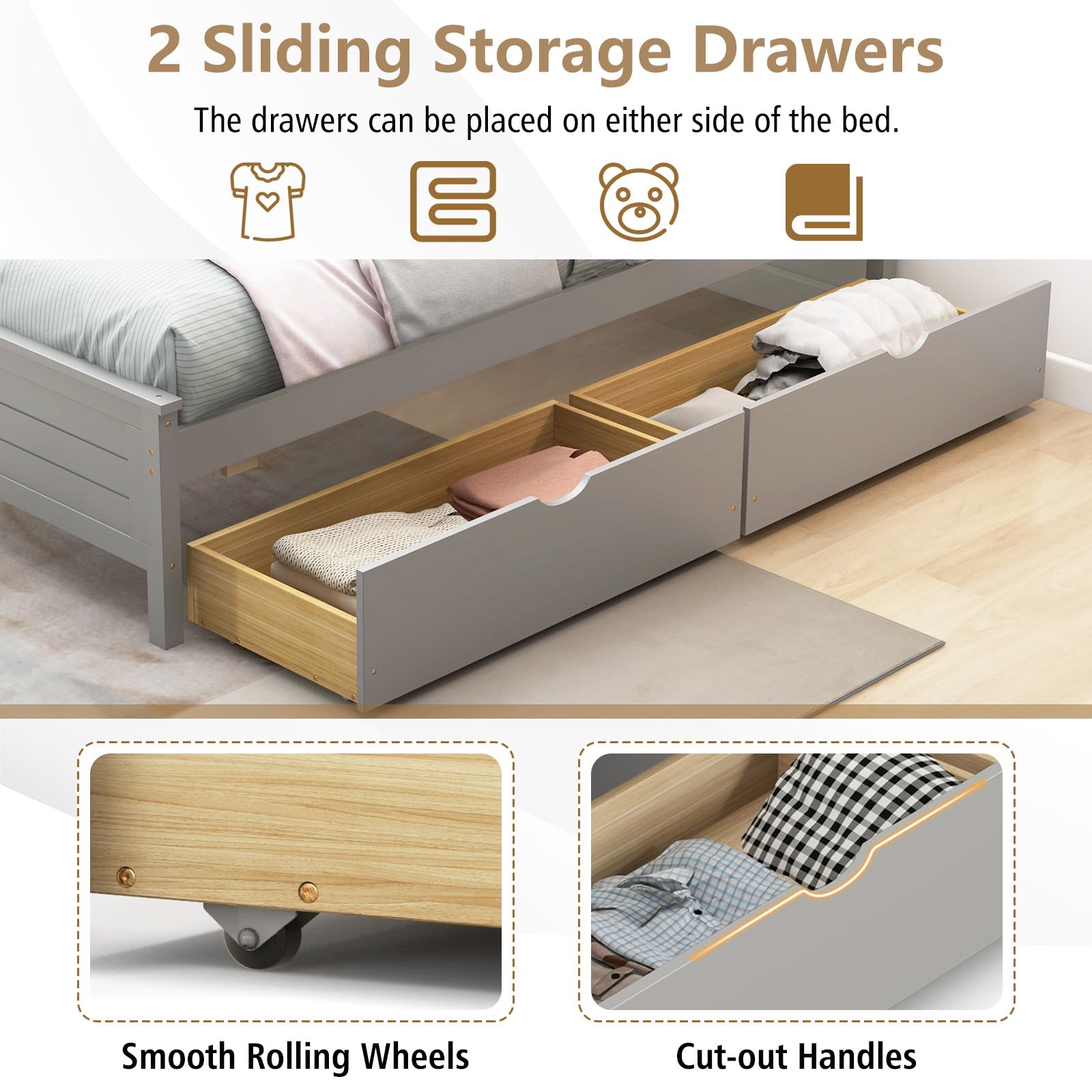 KOMFOTT Wood Bed Frame with 2 Storage Drawers