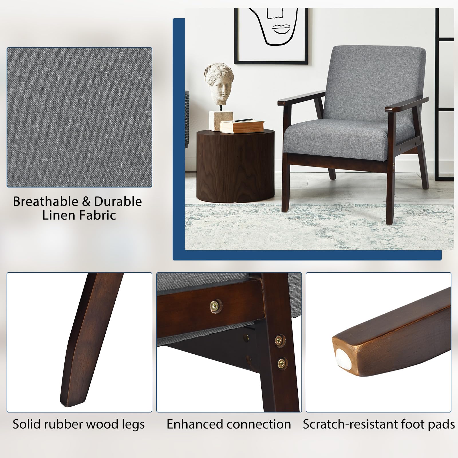 KOMFOTT Armrest Accent Chair, Upholstered Linen Fabric Lounge Chair with Rubber Wood Legs, Comfortable Backrest