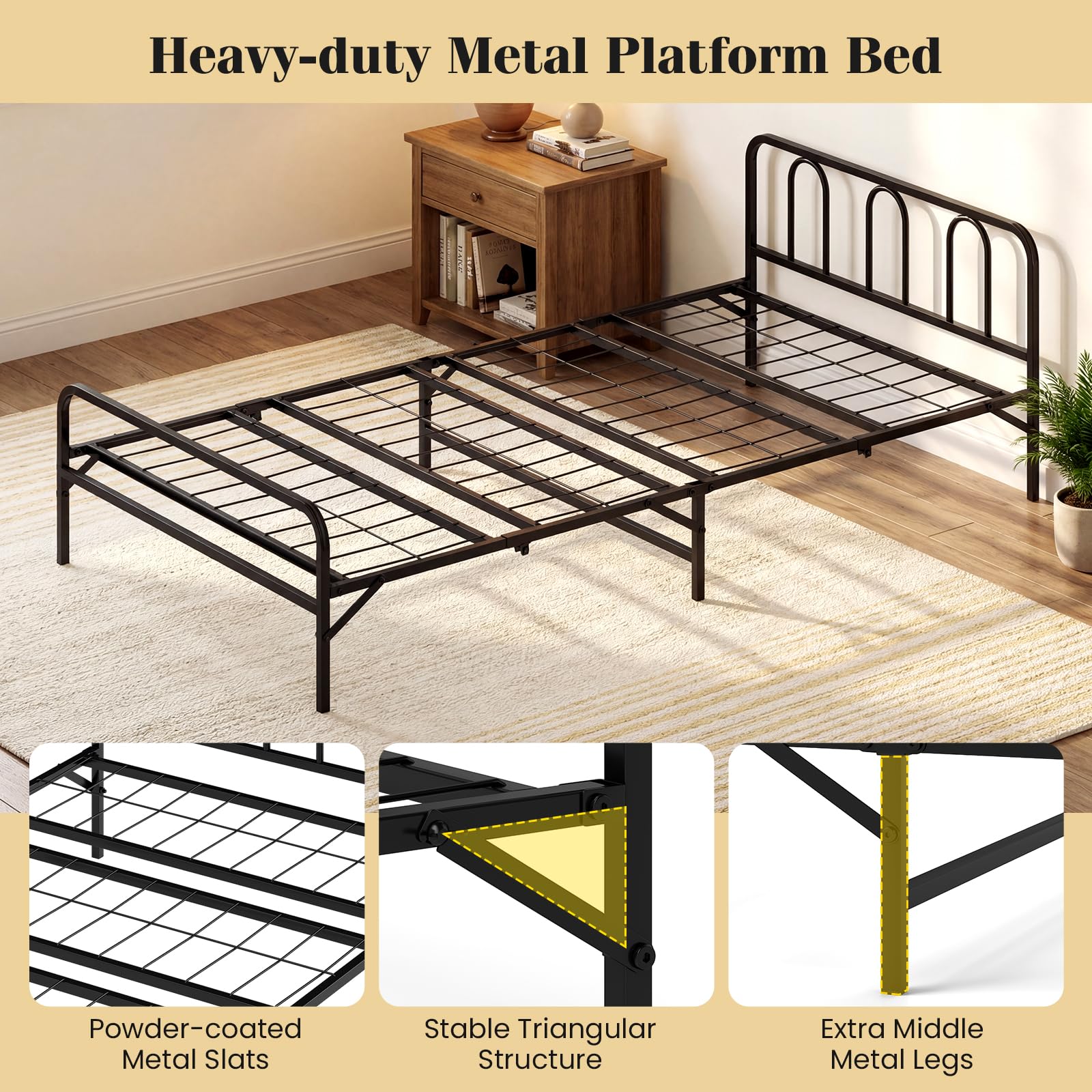 KOMFOTT Twin Foldable Bed Frame, Heavy Duty Metal Platform Bed