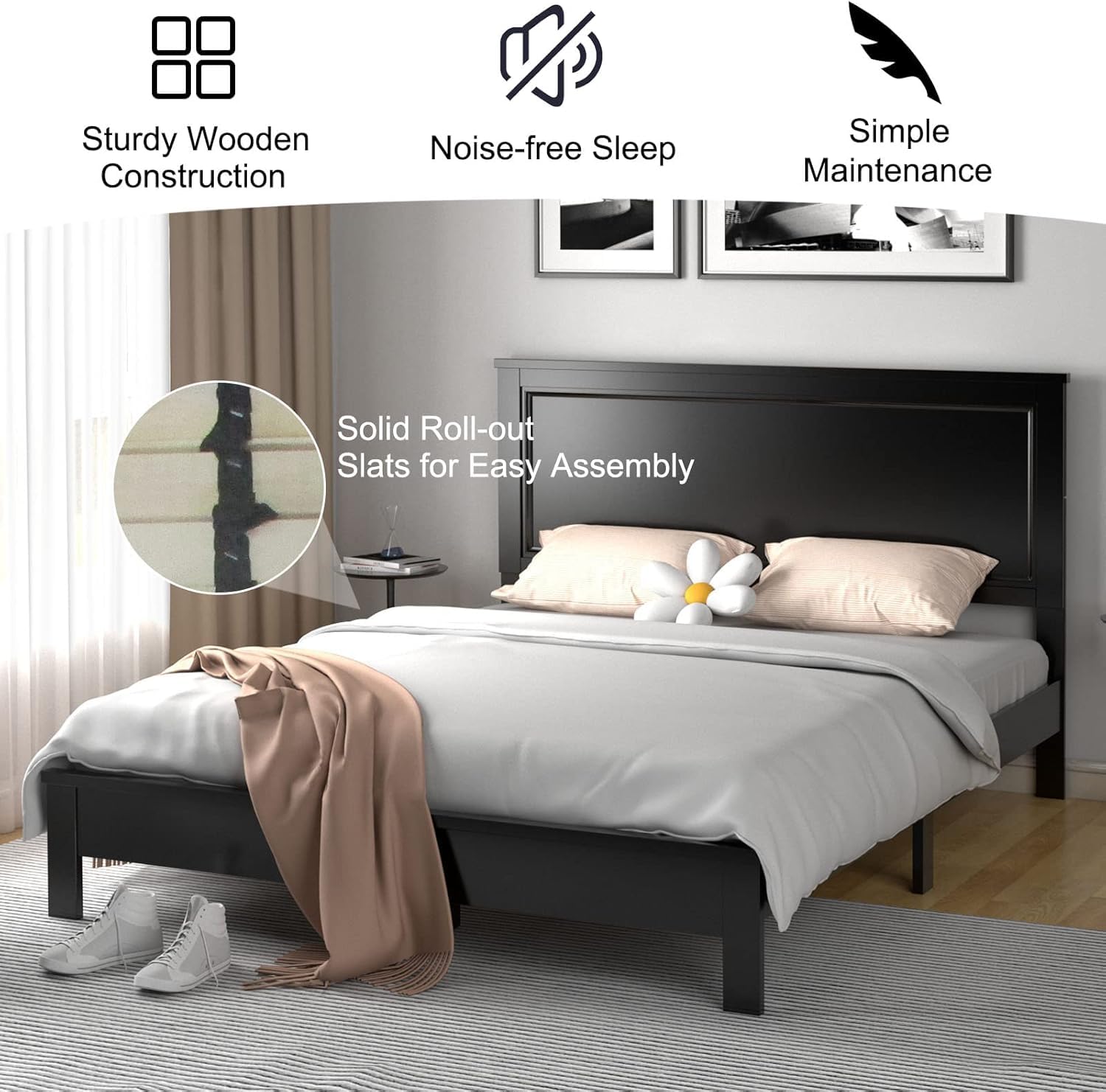 KOMFOTT Queen Size Wood Platform Bed Frame with Headboard
