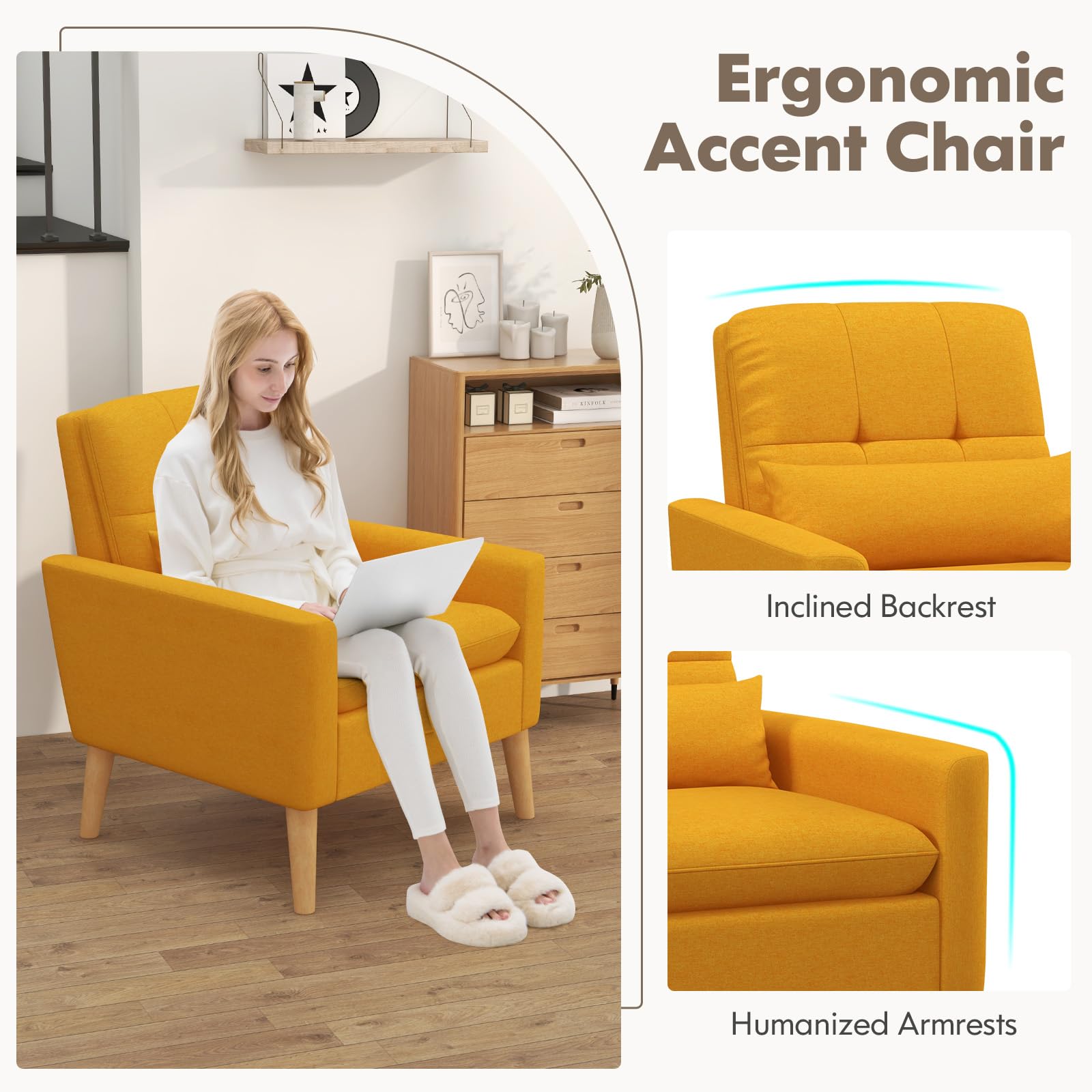 KOMFOTT Modern Linen Accent Chair, Upholstered Tufted Armchair with Lumbar Pillow, Rubber Wood Legs, Padded Cushion