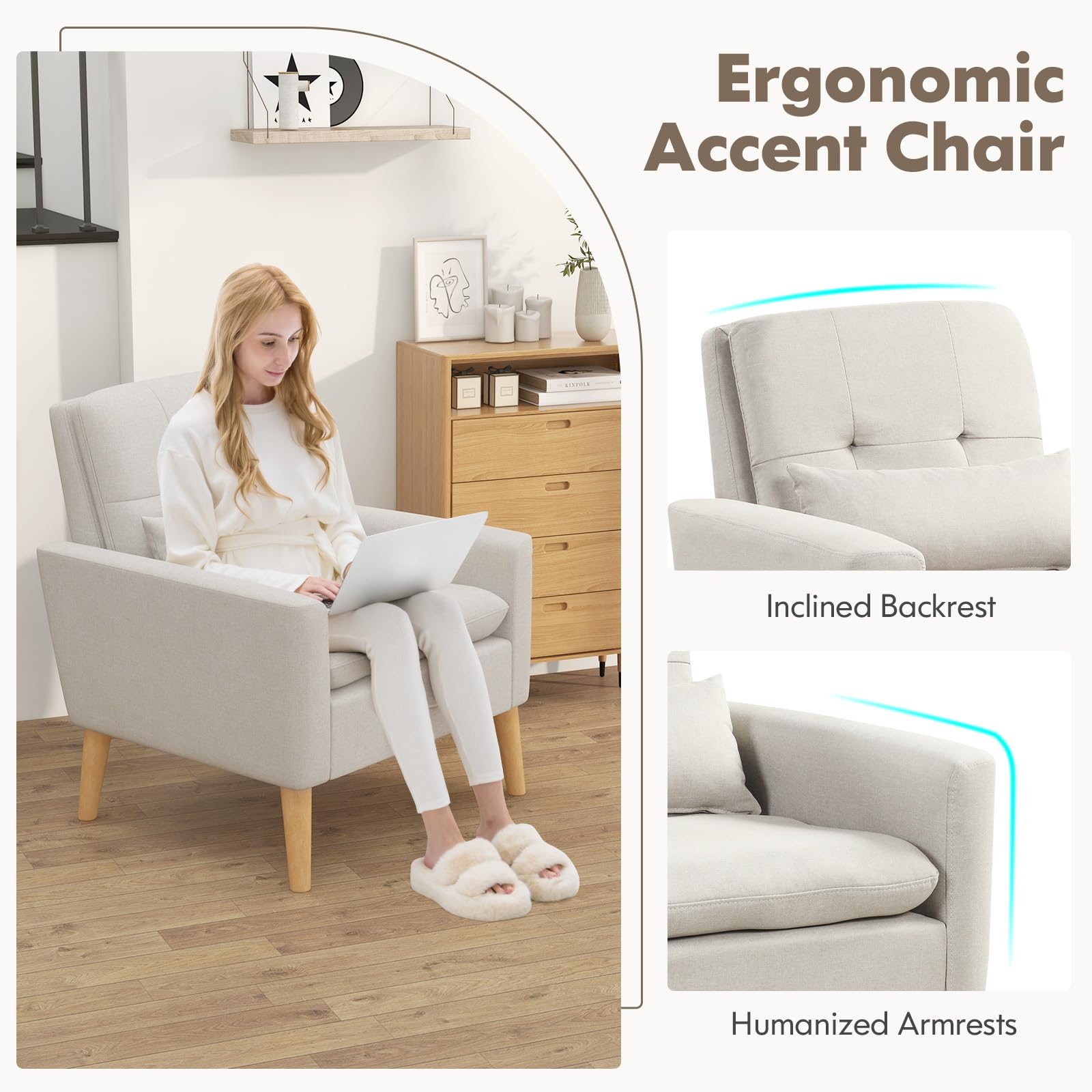 KOMFOTT Modern Linen Accent Chair, Upholstered Tufted Armchair with Lumbar Pillow, Rubber Wood Legs, Padded Cushion
