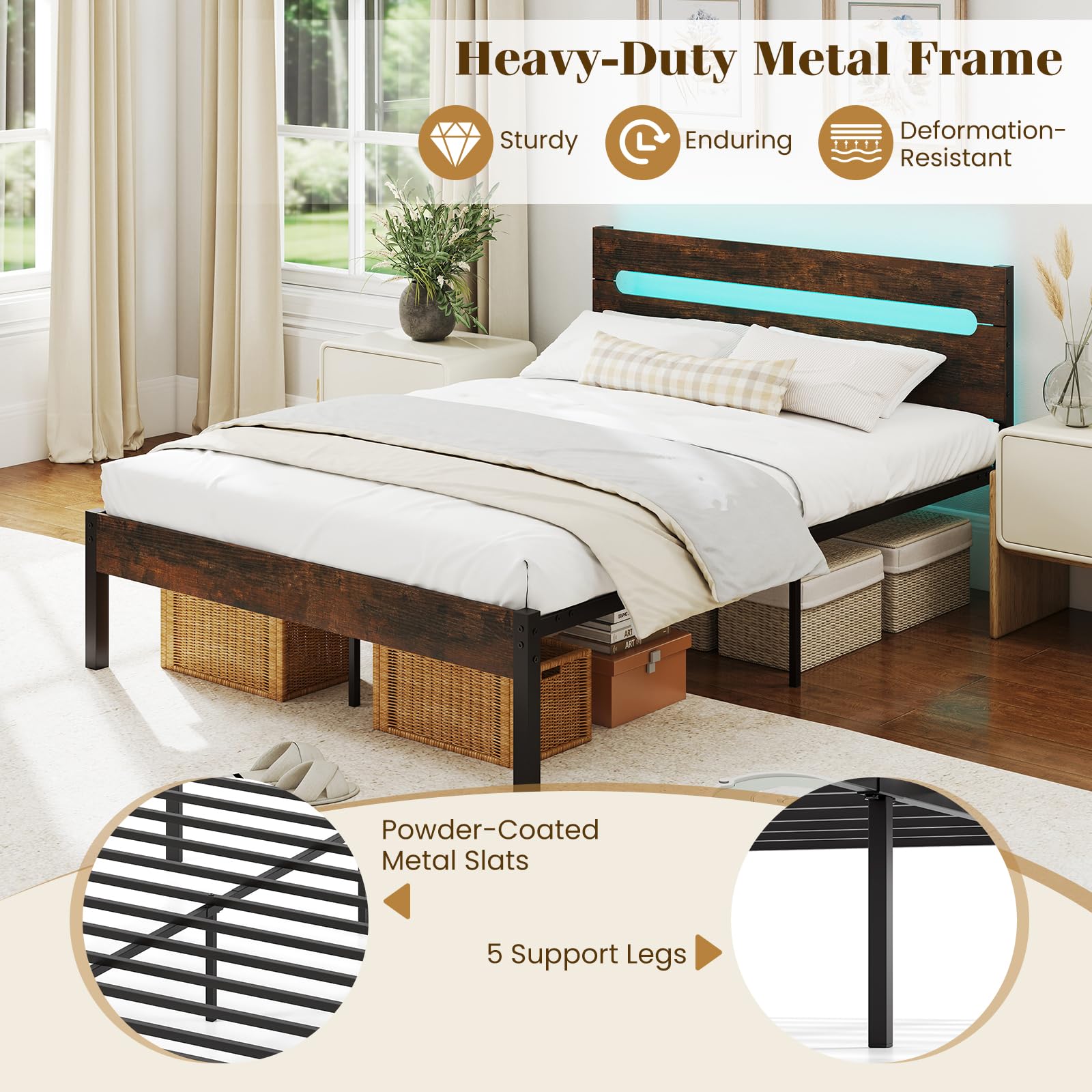 KOMFOTT Full Metal Bed Frame with Headboard & Charging Station