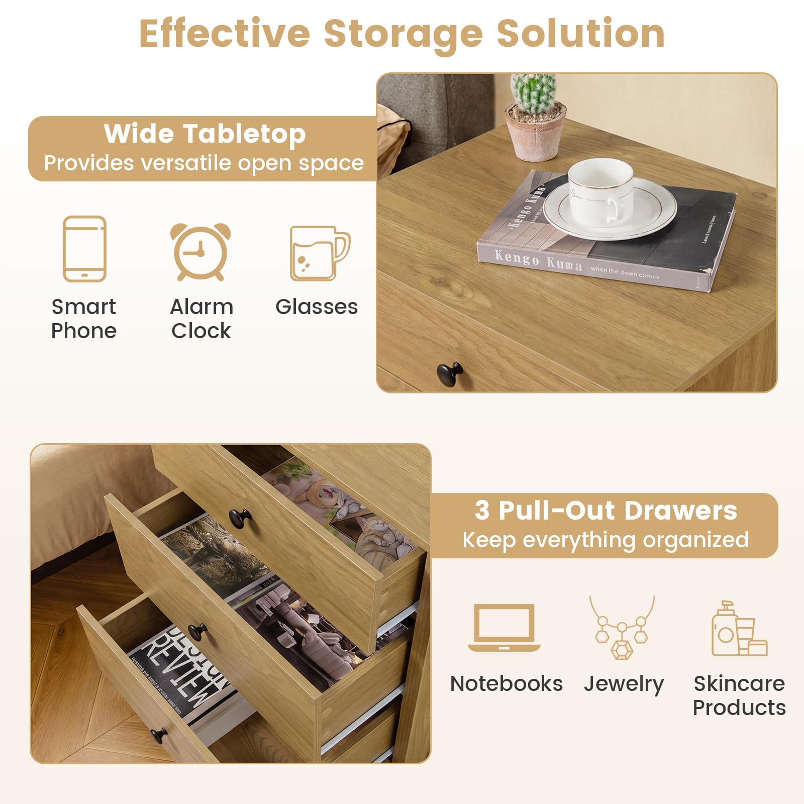 KOMFOTT 3 Drawers Nightstand Wooden Bedside Table with Ample Storage(1/2)