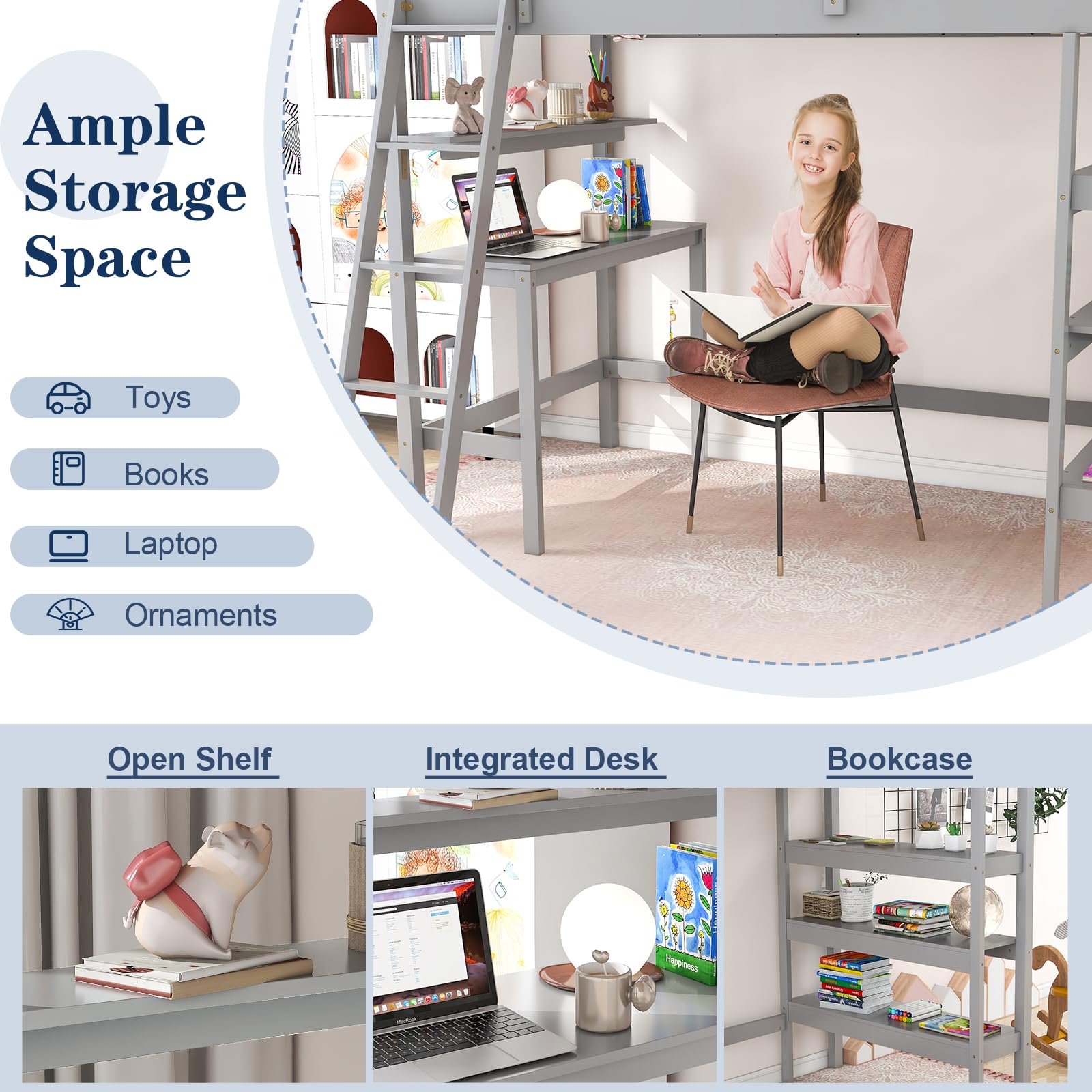 KOMFOTT Loft Bed with Desk & Storage Shelves