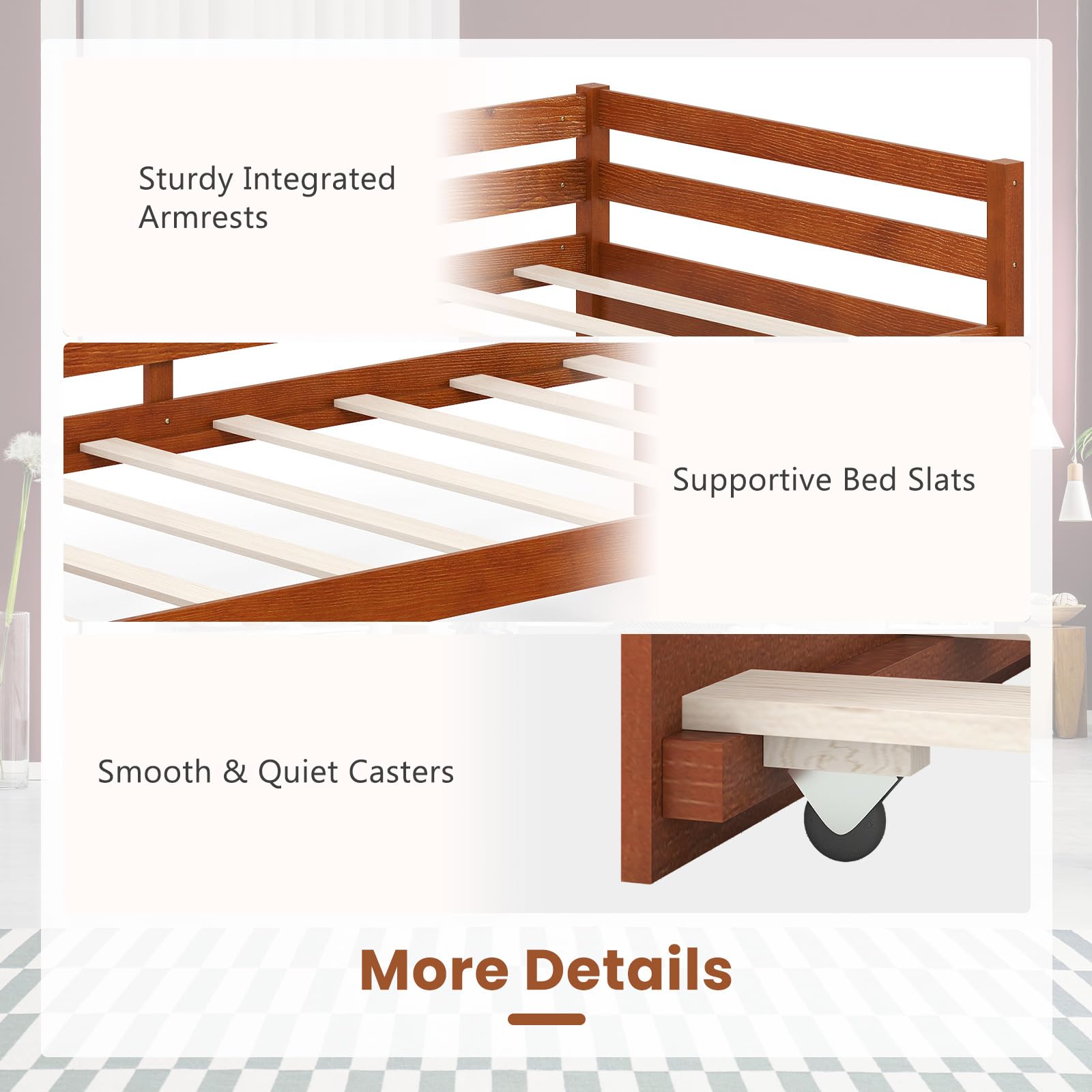 KOMFOTT Twin Daybed with Trundle, Wood Trundle Bed with Wood Slat Support