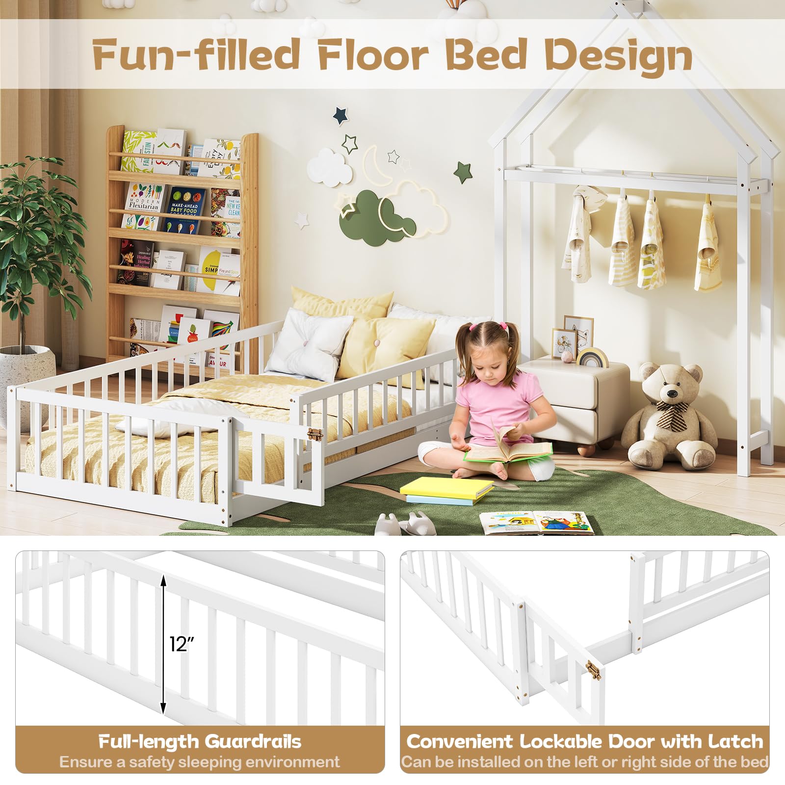 KOMFOTT Twin Size Floor Bed with House-Shaped Headboard（Twin with Headboard）