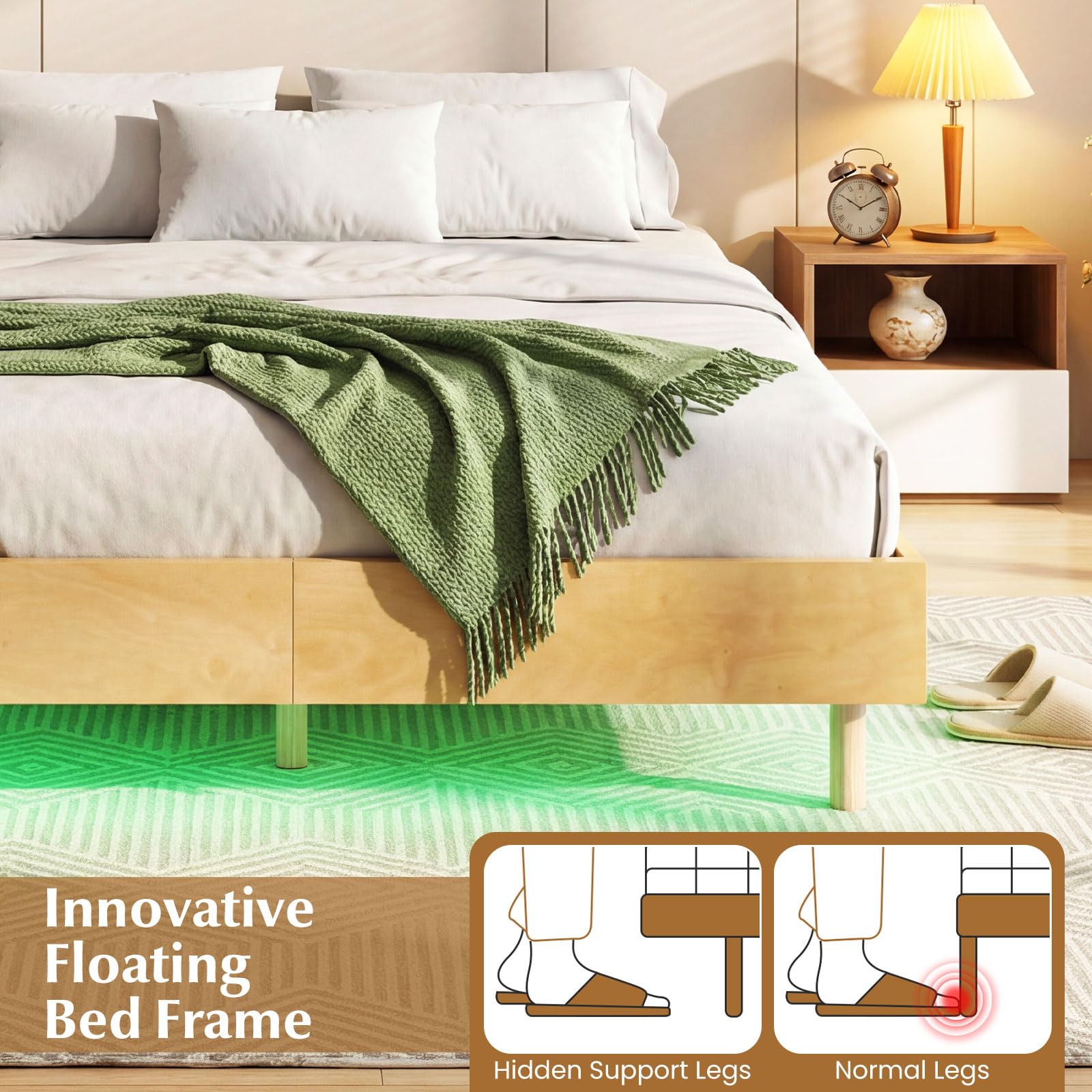 KOMFOTT Queen/Full/Twin Size Wood Floating Bed Frame with LED Lights