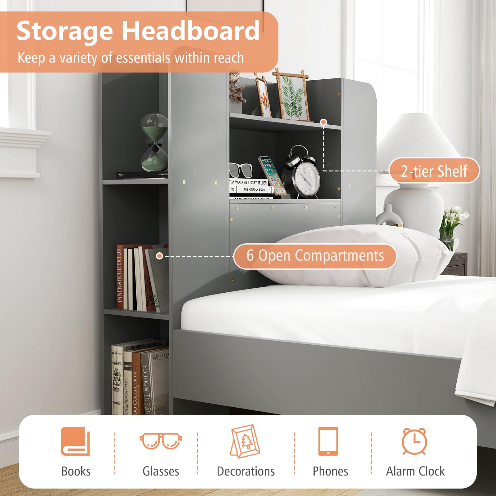 KOMFOTT Twin Wood Platform Bed Frame with Bookcase Headboard