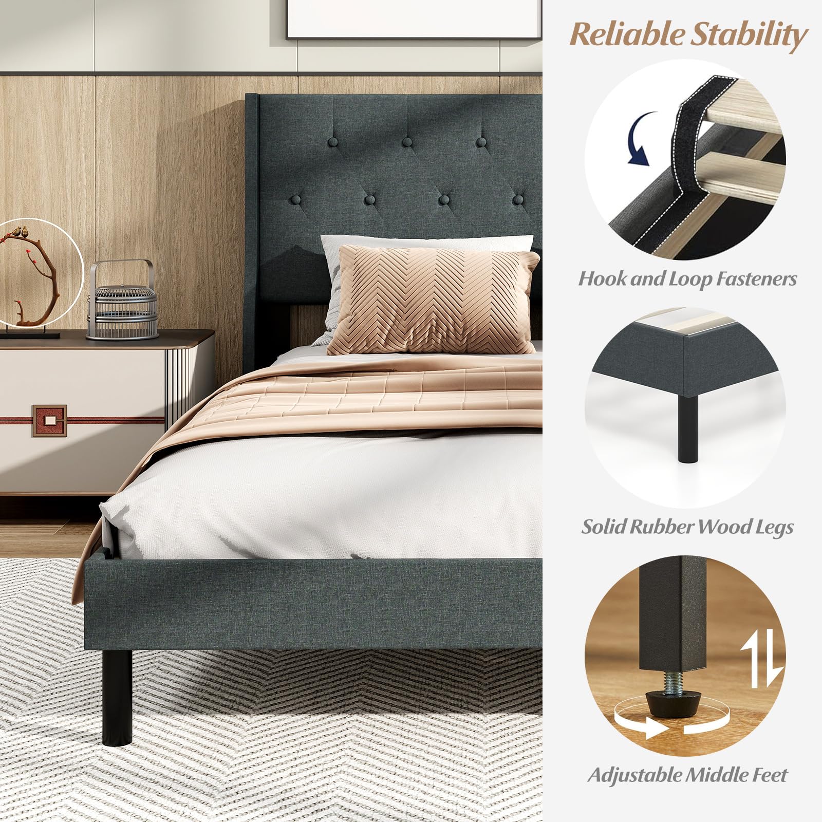 KOMFOTT Queen Size Linen Upholstered Bed Frame