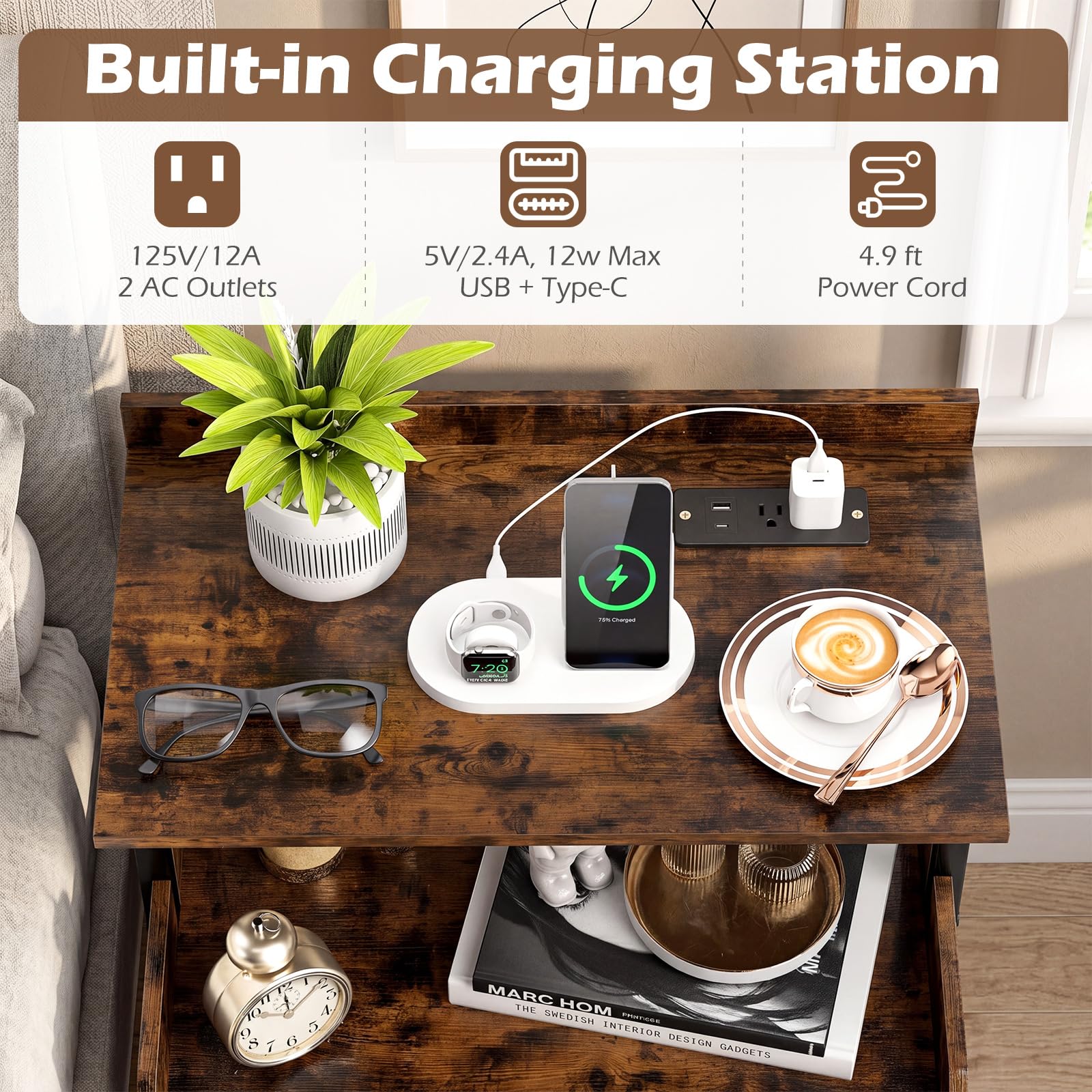KOMFOTT Nightstand with LED Lights & Charging Station (21" x 16" x 29.5")